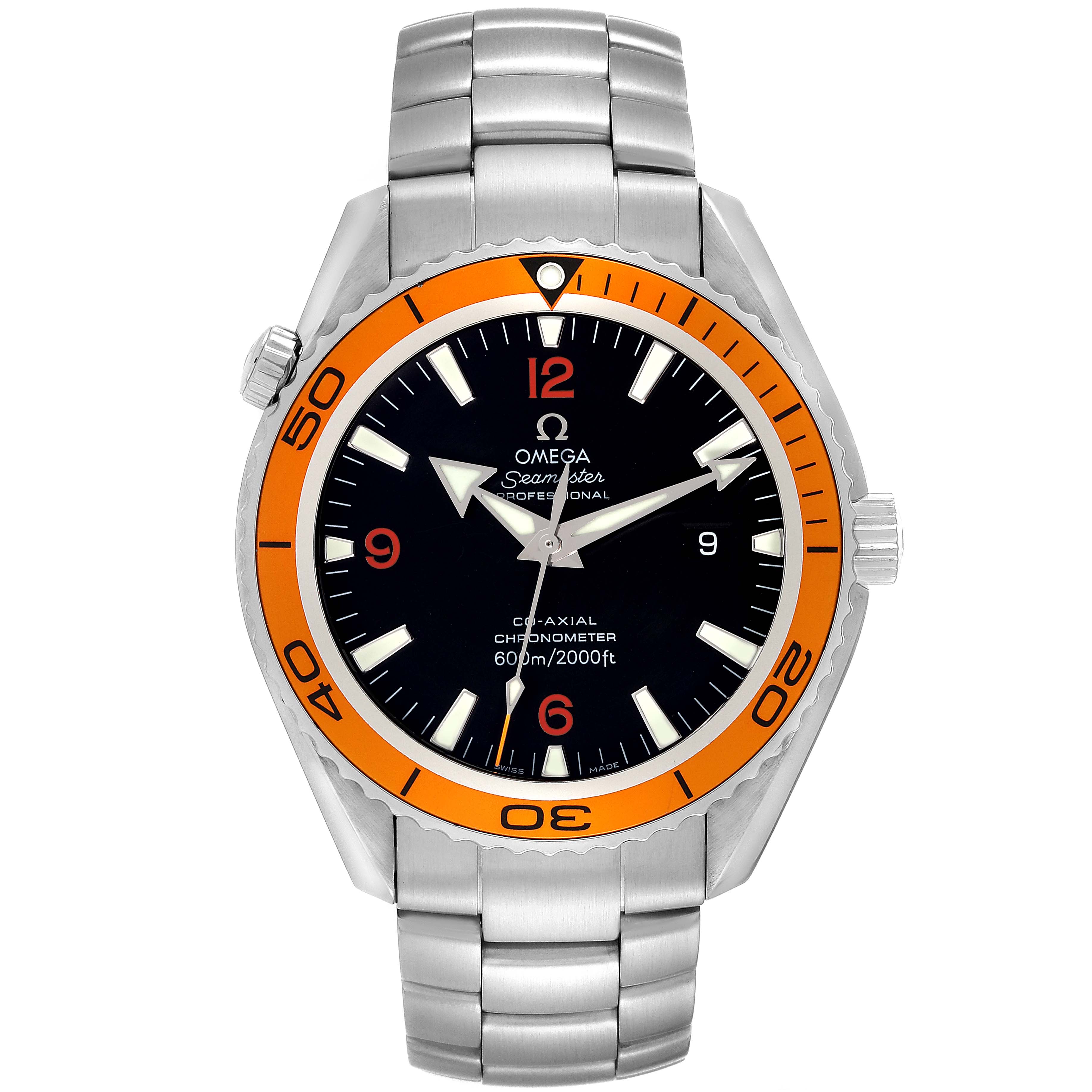 This is a front view of the Omega Seamaster Planet Ocean watch, showcasing the entire watch including the orange bezel and stainless steel bracelet.