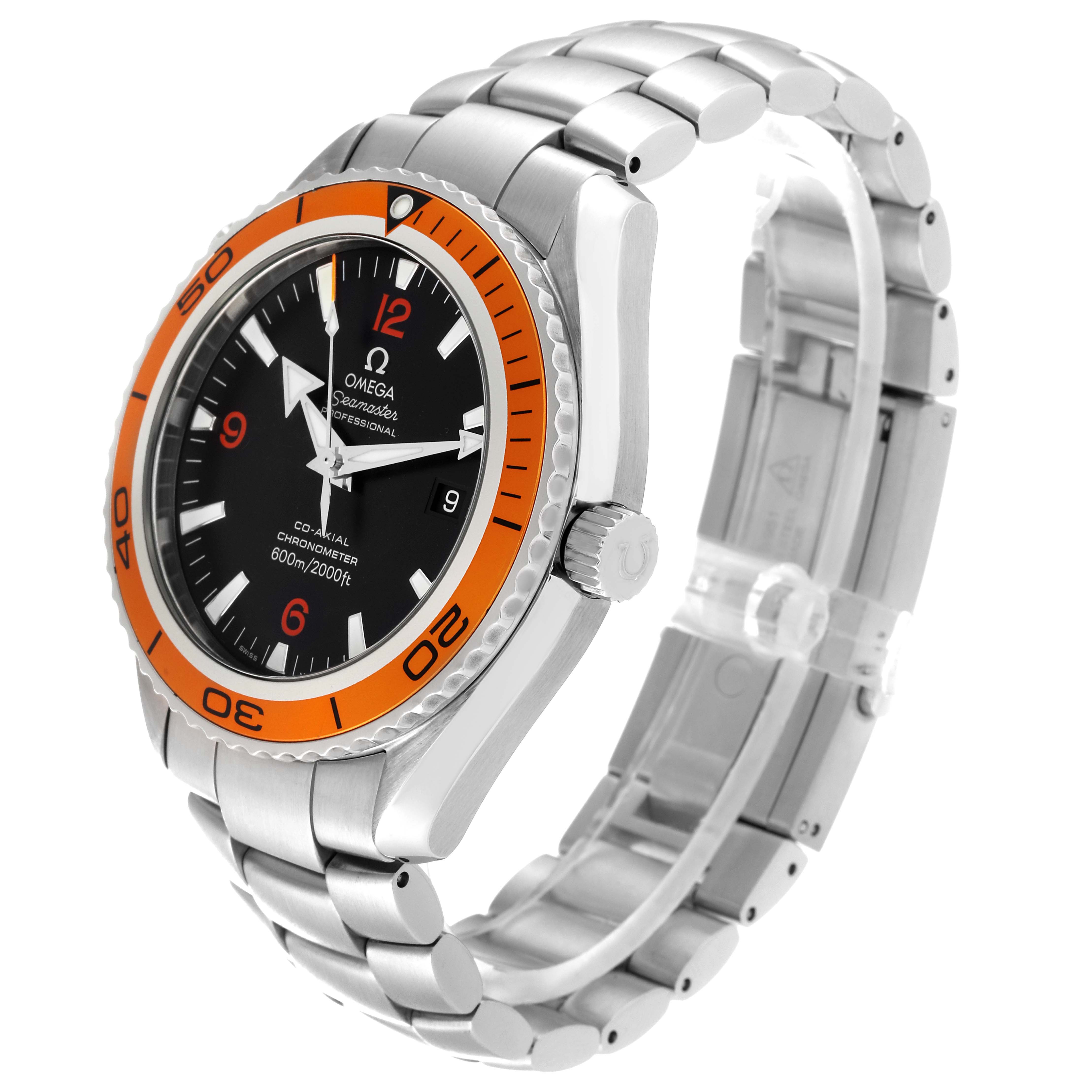 The Omega Planet Ocean 2208.50.00 Men's Stainless Steel Black Dial 2208.50.00 Men's Stainless Steel Black Dial watch is shown at a three-quarter angle, highlighting its face, bezel, and metal bracelet.