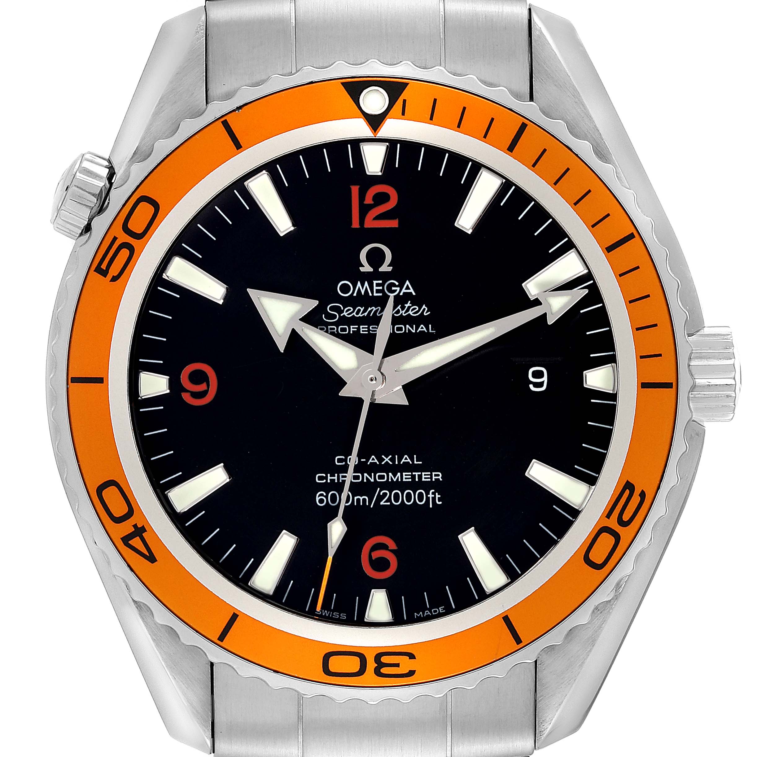 The image shows a front view of an Omega Planet Ocean 2208.50.00 Men's Stainless Steel Black Dial 2208.50.00 Men's Stainless Steel Black Dial Seamaster Professional watch, displaying the bezel, dial, and hands.