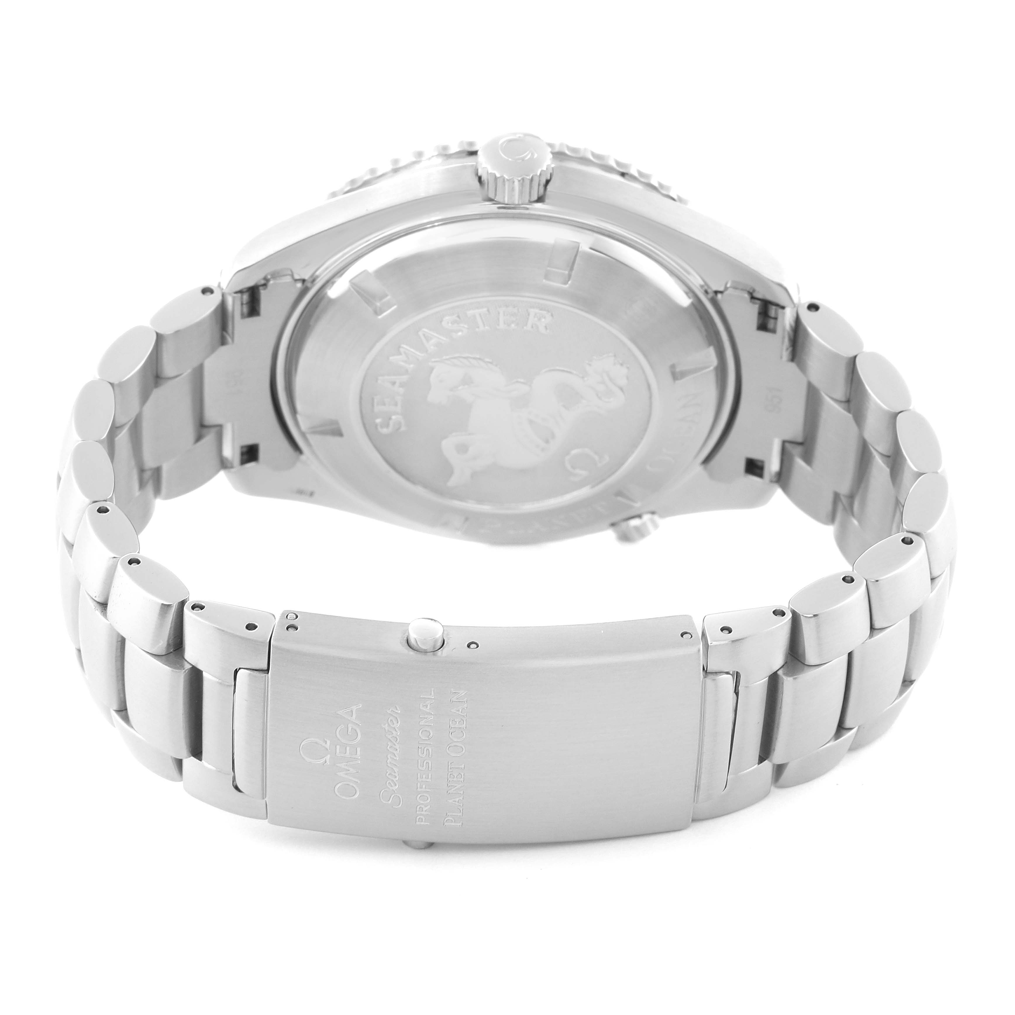 The image shows the back case and metal bracelet clasp of the Omega Planet Ocean 2208.50.00 Men's Stainless Steel Black Dial 2208.50.00 Men's Stainless Steel Black Dial watch, angled from the rear.