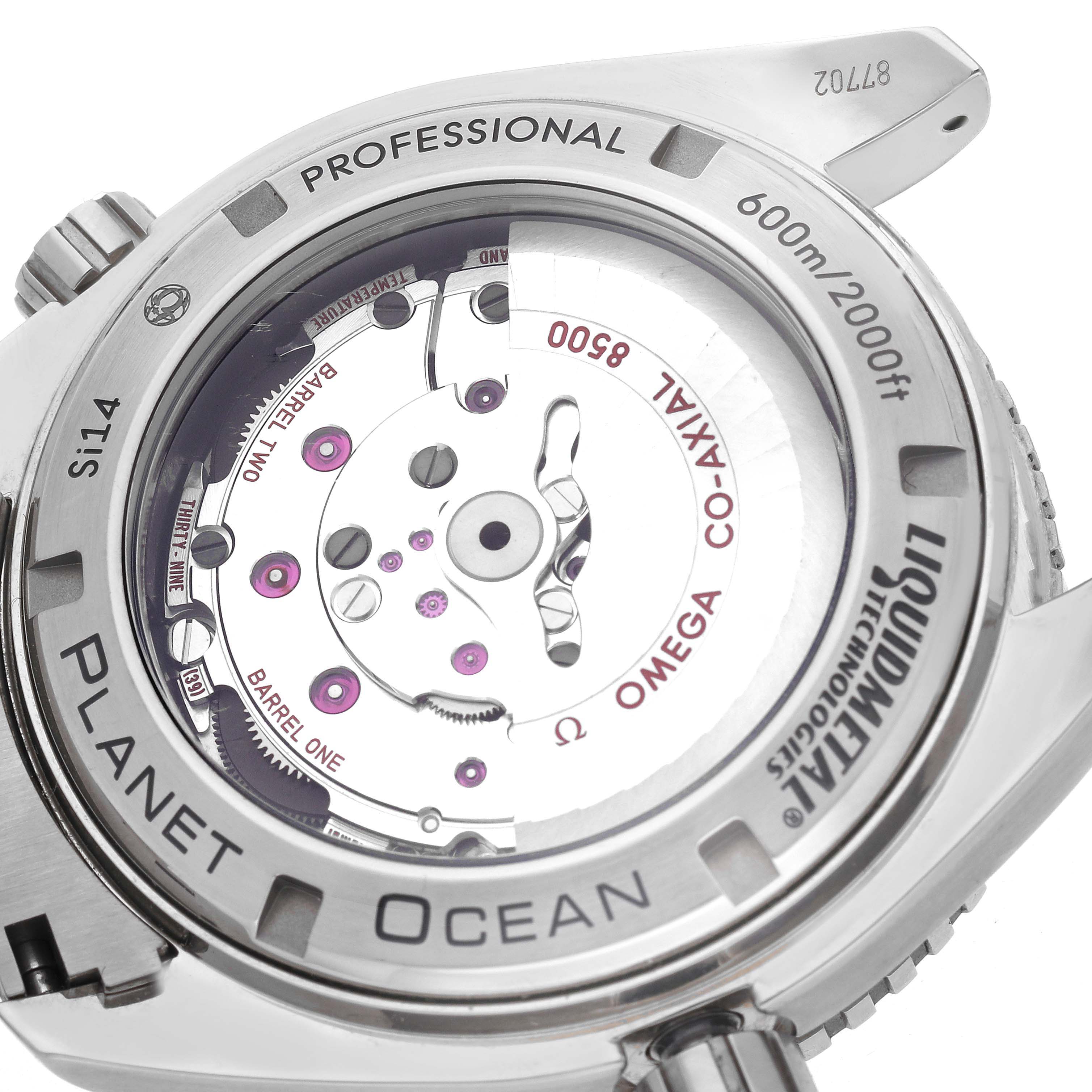 The image shows the back of the Omega Planet Ocean 232.90.46.21.03.001 Men
s Titanium Blue Dial 232.90.46.21.03.001 Men
s Titanium Blue Dial watch, highlighting its movement and case details from a close-up angle.