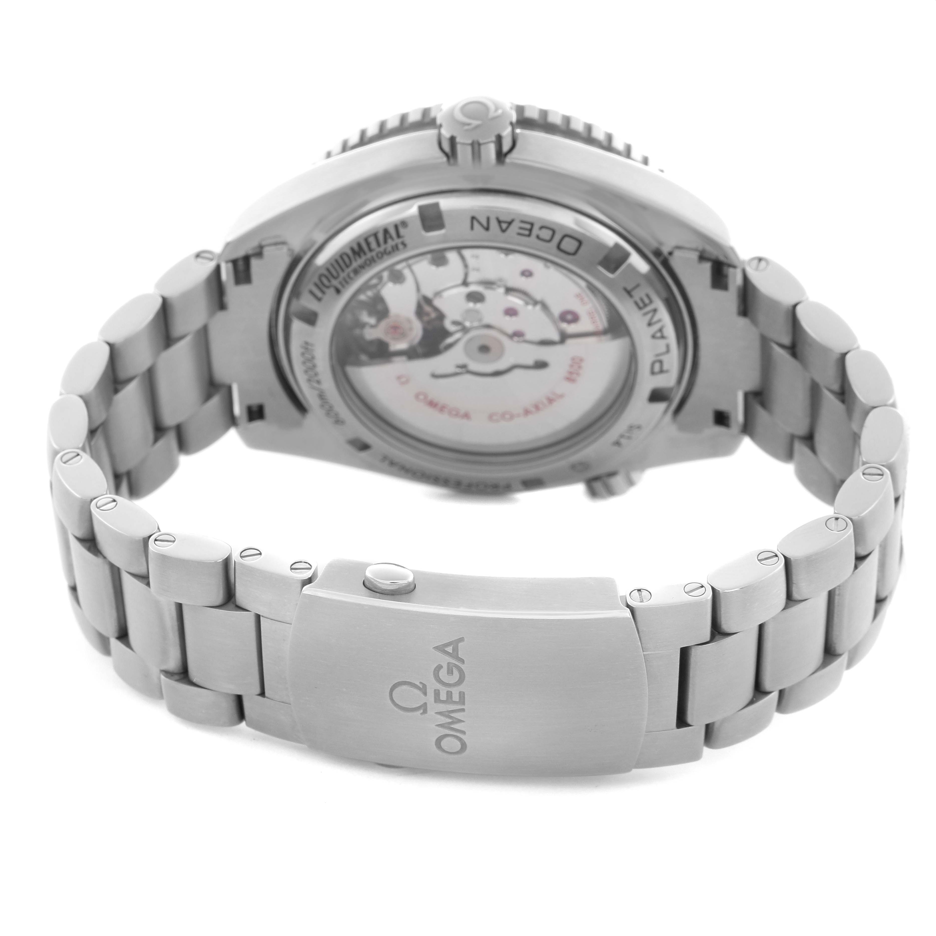 The image shows the back and bracelet of an Omega Planet Ocean 232.90.46.21.03.001 Men
s Titanium Blue Dial 232.90.46.21.03.001 Men
s Titanium Blue Dial watch, highlighting its clasp and transparent case back.