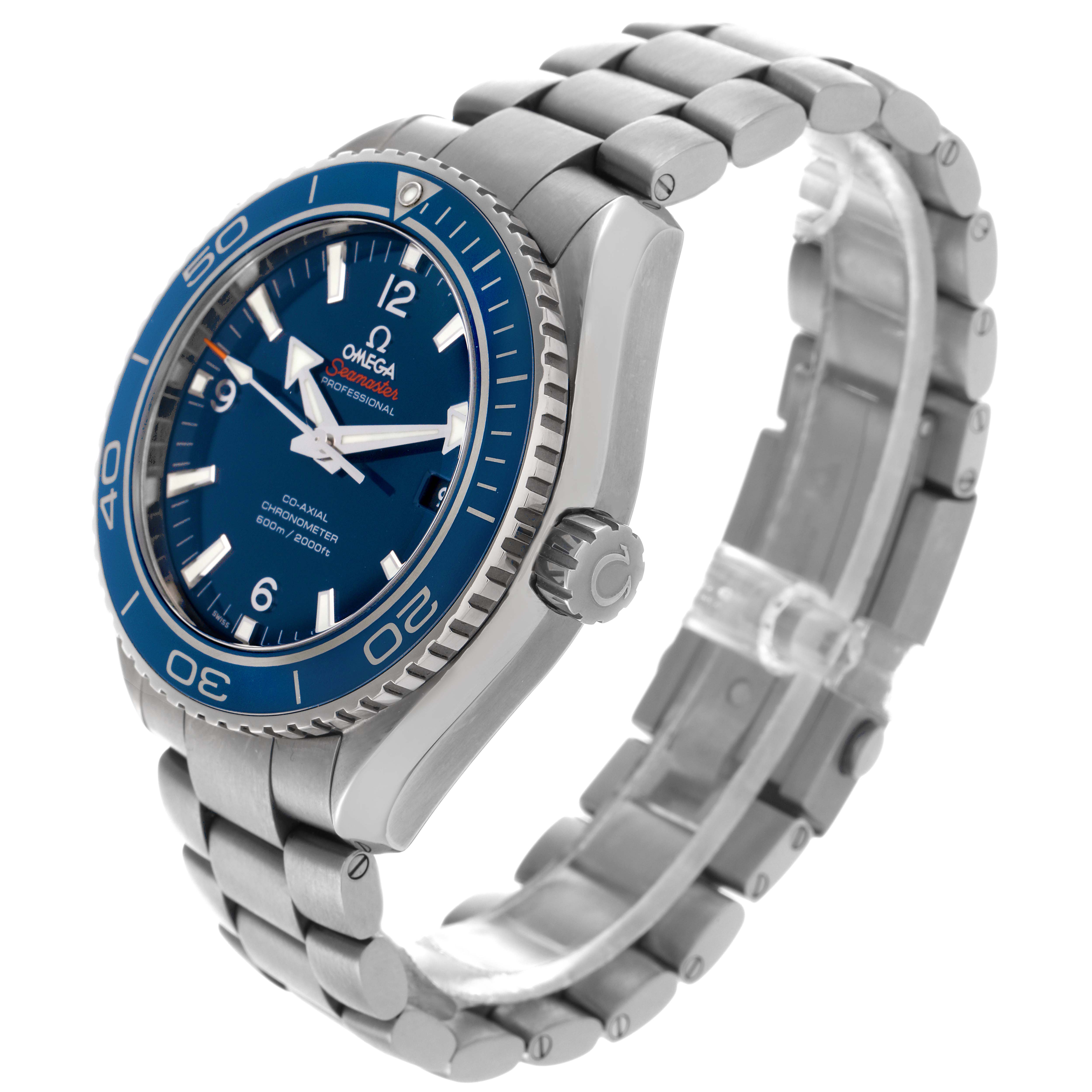 The Omega Planet Ocean 232.90.46.21.03.001 Men
s Titanium Blue Dial 232.90.46.21.03.001 Men
s Titanium Blue Dial watch is shown at a three-quarter angle, highlighting its blue dial, bezel, and metal bracelet.