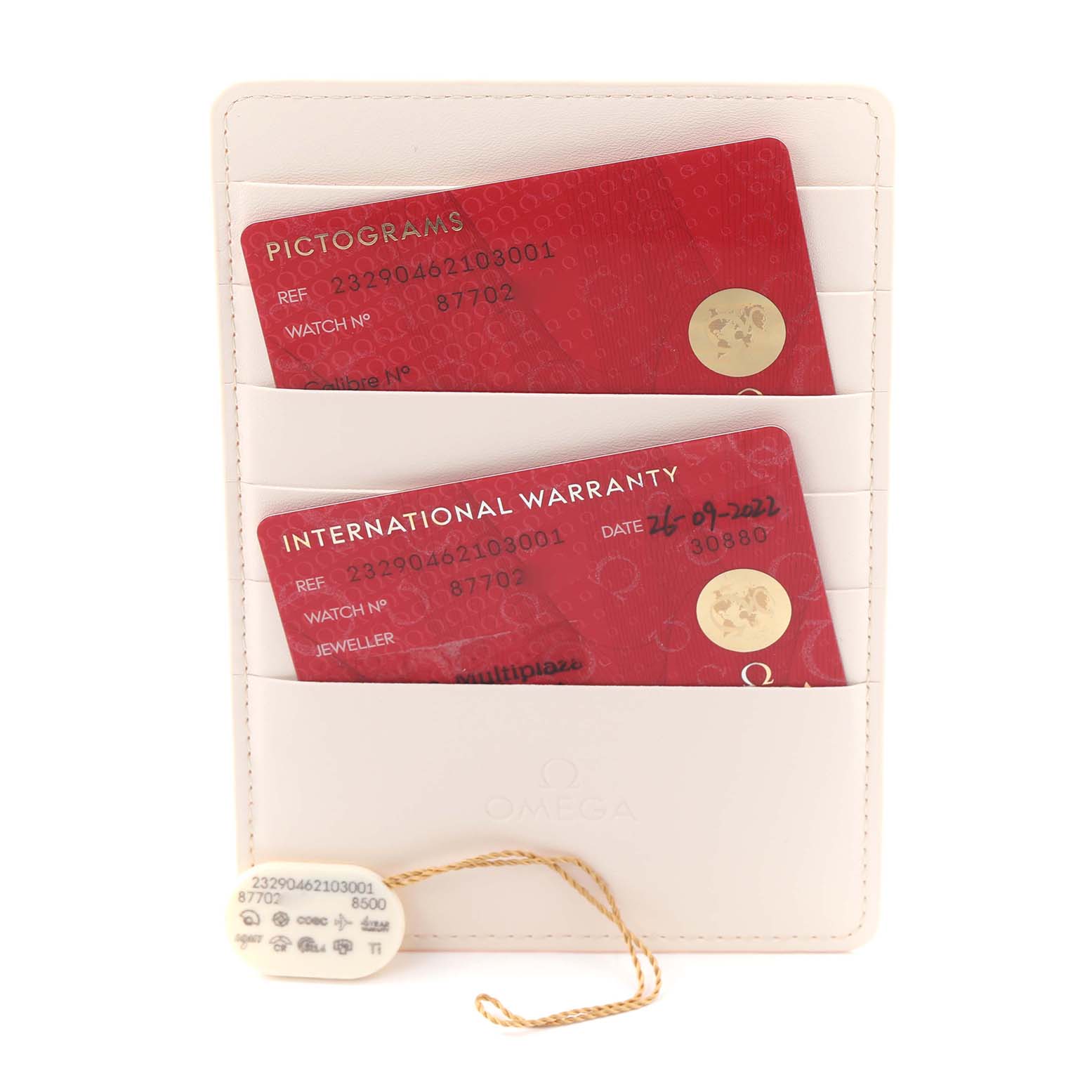 The image shows warranty cards and a tag for the Omega Planet Ocean 232.90.46.21.03.001 Men
s Titanium Blue Dial 232.90.46.21.03.001 Men
s Titanium Blue Dial model in a white cardholder.