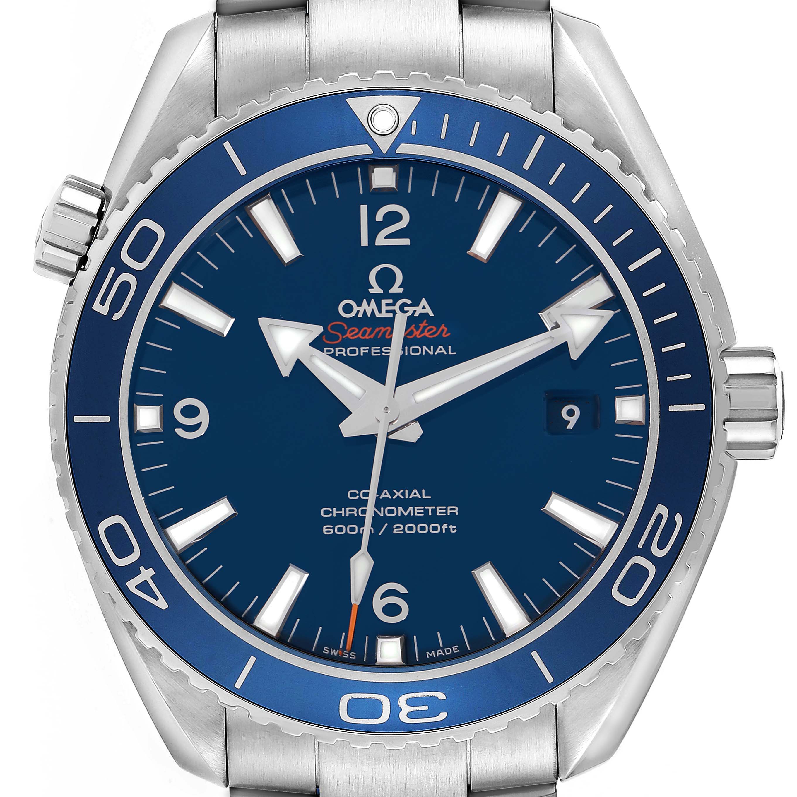The image shows a front view of the Omega Seamaster Planet Ocean, highlighting the dial, bezel, and part of the bracelet.