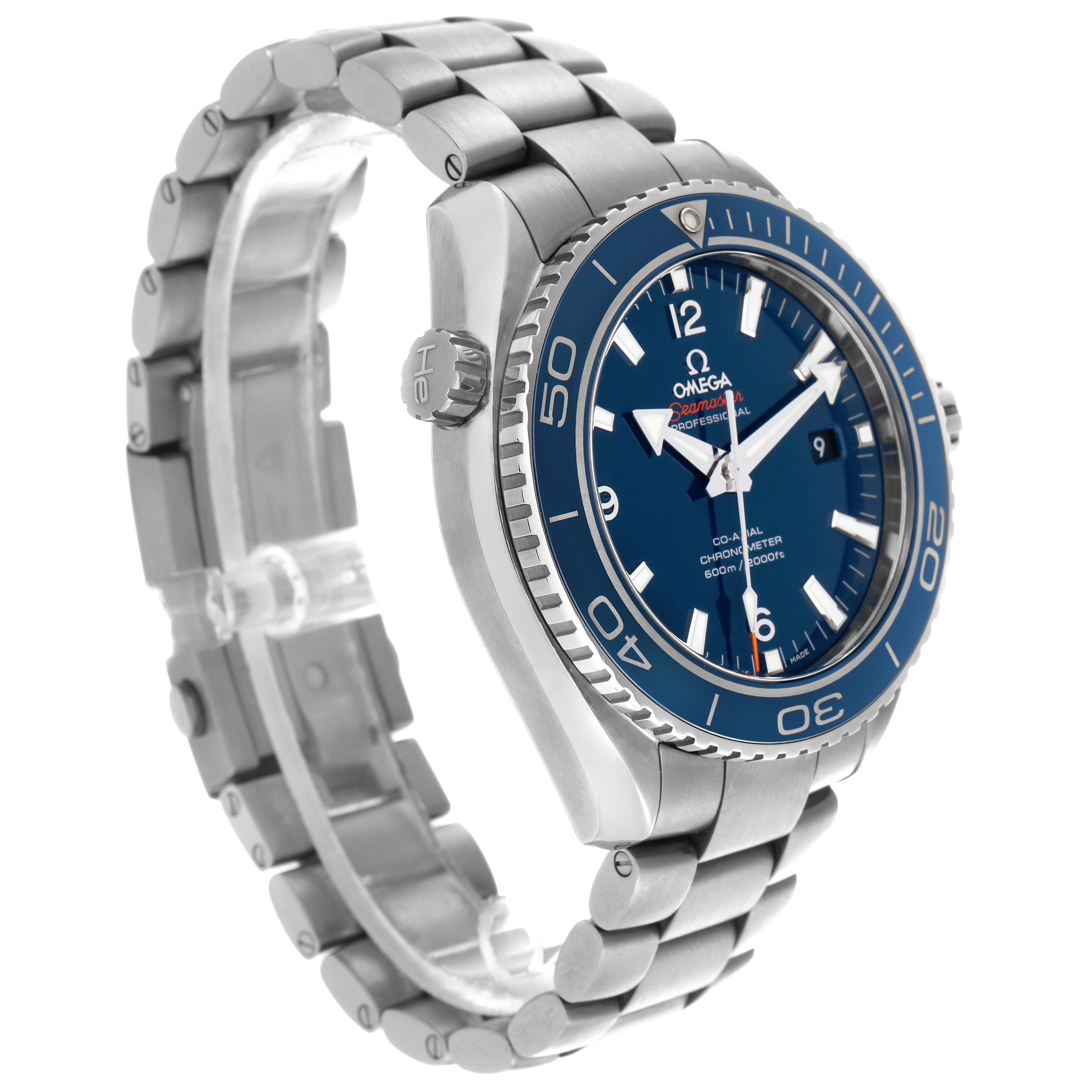 The Omega Planet Ocean 232.90.46.21.03.001 Men
s Titanium Blue Dial 232.90.46.21.03.001 Men
s Titanium Blue Dial watch is shown at a slight angle, highlighting the blue bezel, face, and metal bracelet.