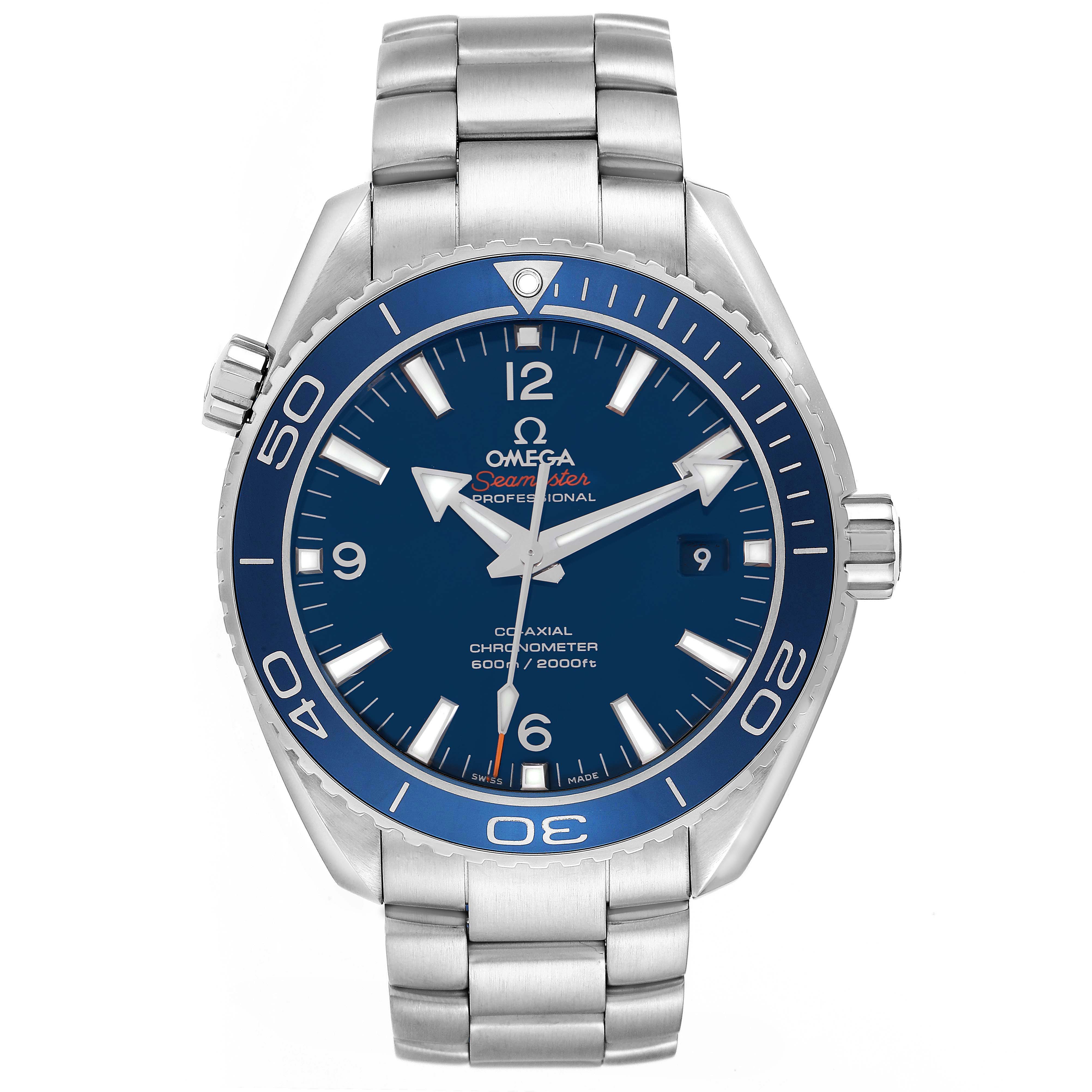 The Omega Planet Ocean 232.90.46.21.03.001 Men
s Titanium Blue Dial 232.90.46.21.03.001 Men
s Titanium Blue Dial watch is shown from a front angle, displaying the dial, bezel, crown, and stainless steel bracelet.