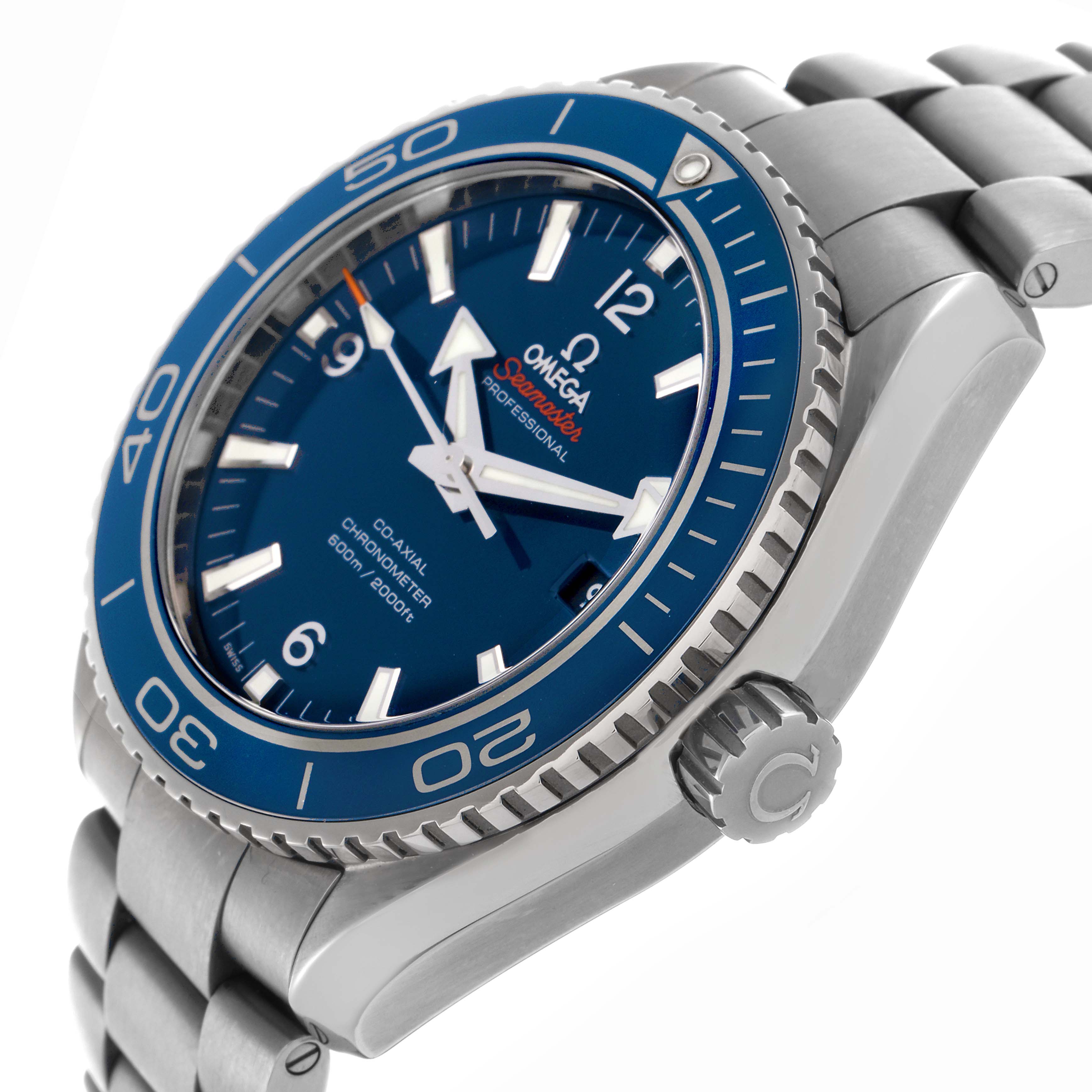 The Omega Planet Ocean 232.90.46.21.03.001 Men
s Titanium Blue Dial 232.90.46.21.03.001 Men
s Titanium Blue Dial watch is shown from a front-side angle, highlighting the face, bezel, and bracelet.