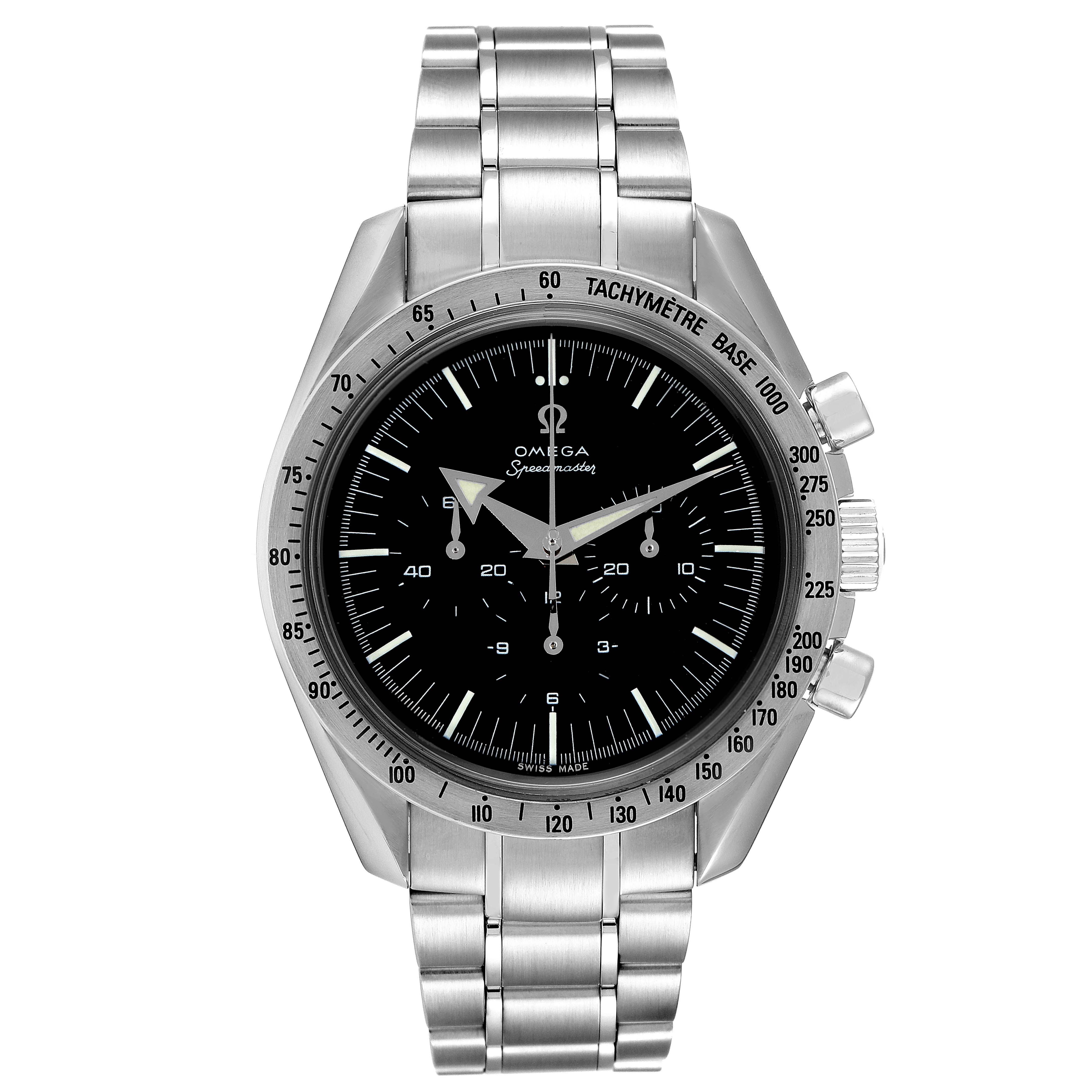 The Omega Speedmaster 3594.50.00 Men
s Stainless Steel Black Dial 3594.50.00 Men
s Stainless Steel Black Dial watch is shown from a front angle, displaying the dial, tachymeter, and stainless steel bracelet.