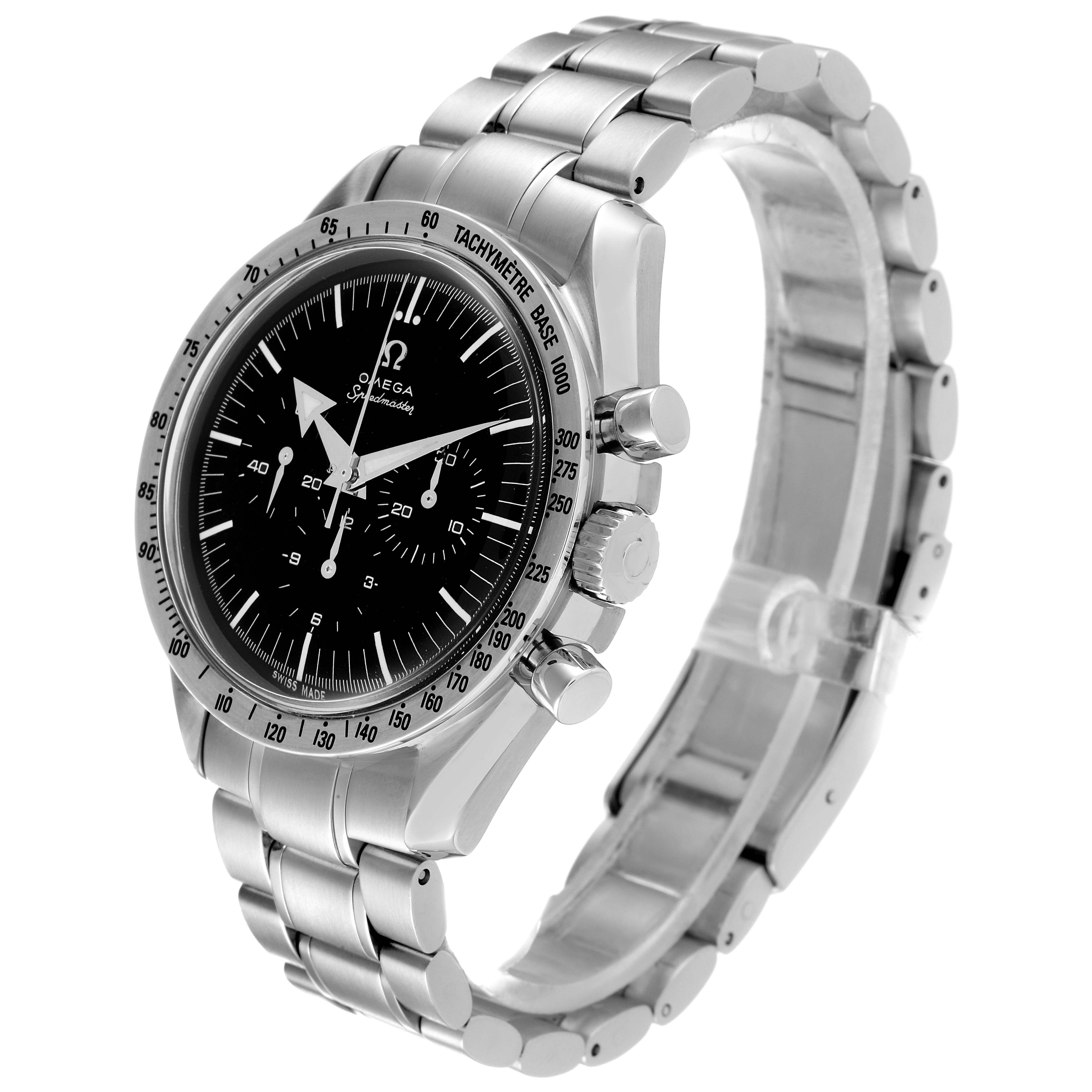The image shows a side-angle view of an Omega Speedmaster 3594.50.00 Men
s Stainless Steel Black Dial 3594.50.00 Men
s Stainless Steel Black Dial watch highlighting its face, bezel, crown, pushers, and bracelet.