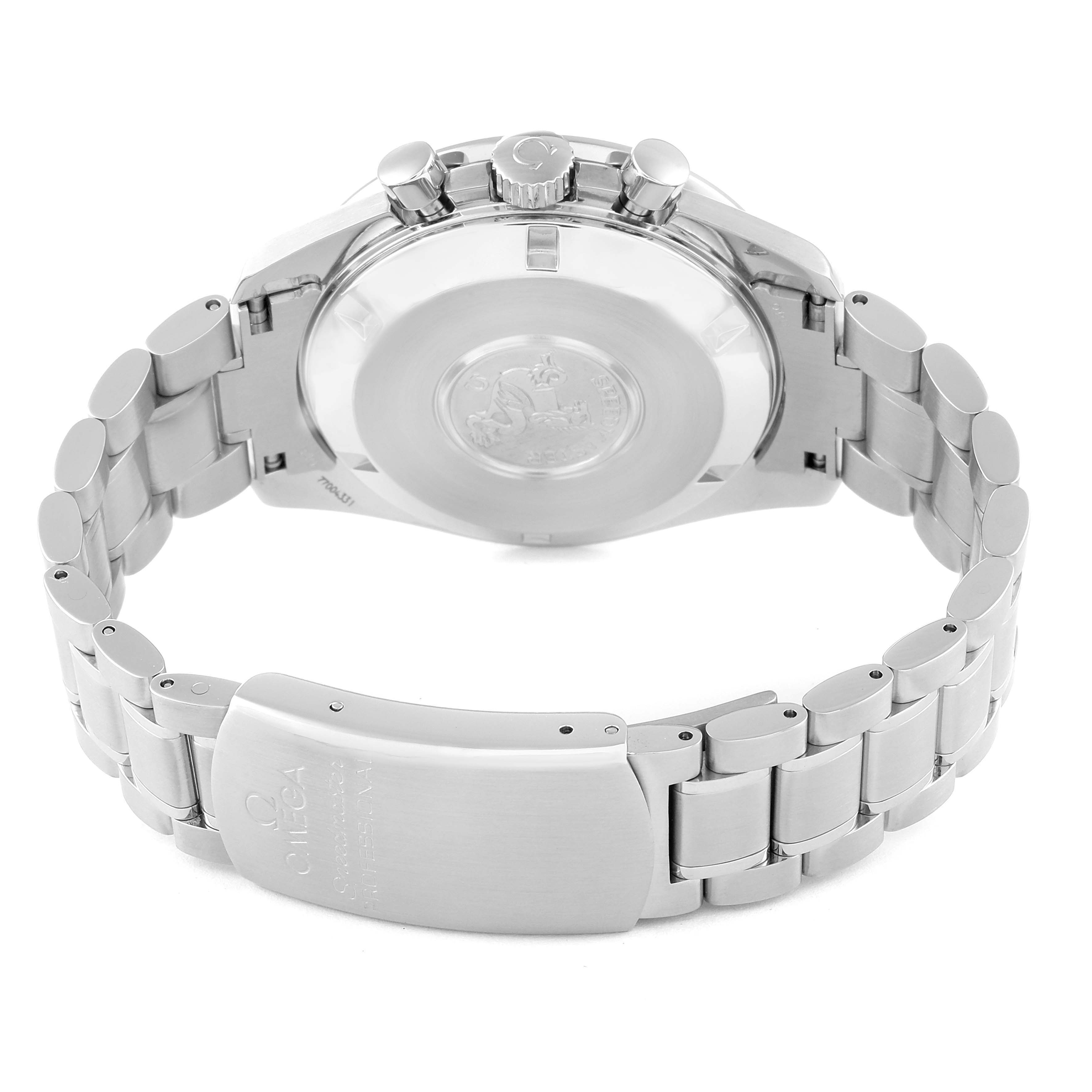 The image shows the backside and stainless steel bracelet of the Omega Speedmaster 3594.50.00 Men
s Stainless Steel Black Dial 3594.50.00 Men
s Stainless Steel Black Dial watch.