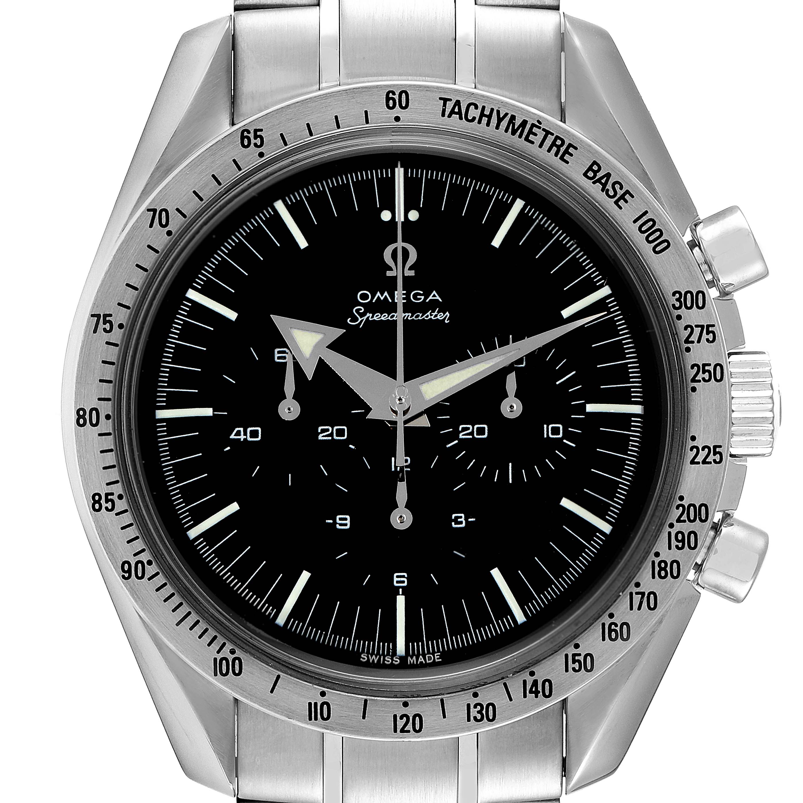 The image shows a head-on view of an Omega Speedmaster 3594.50.00 Men
s Stainless Steel Black Dial 3594.50.00 Men
s Stainless Steel Black Dial watch, detailing the dial, bezel, and push-buttons.