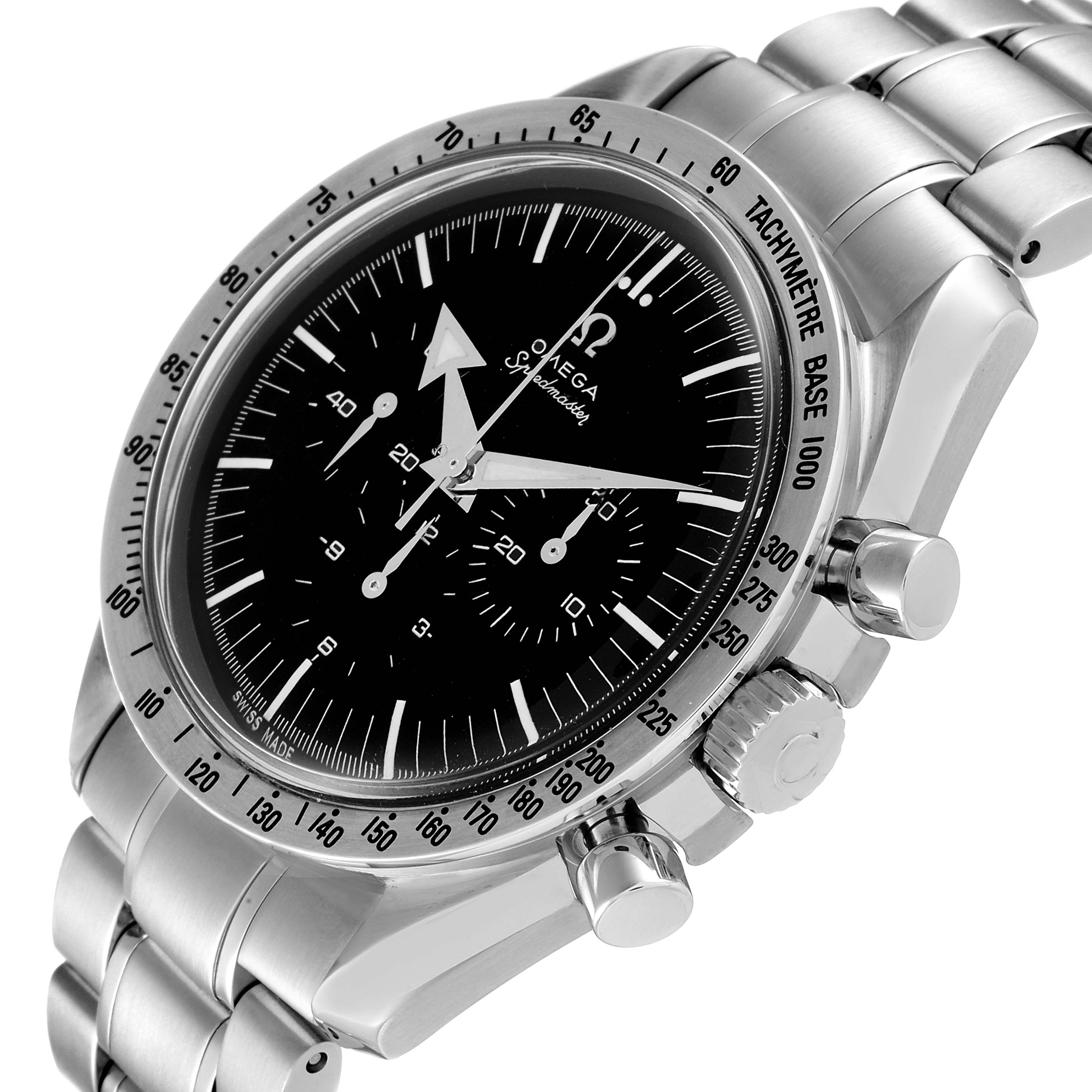 This image shows an angled view of an Omega Speedmaster 3594.50.00 Men
s Stainless Steel Black Dial 3594.50.00 Men
s Stainless Steel Black Dial watch displaying the face, bezel, crown, and chronograph pushers.
