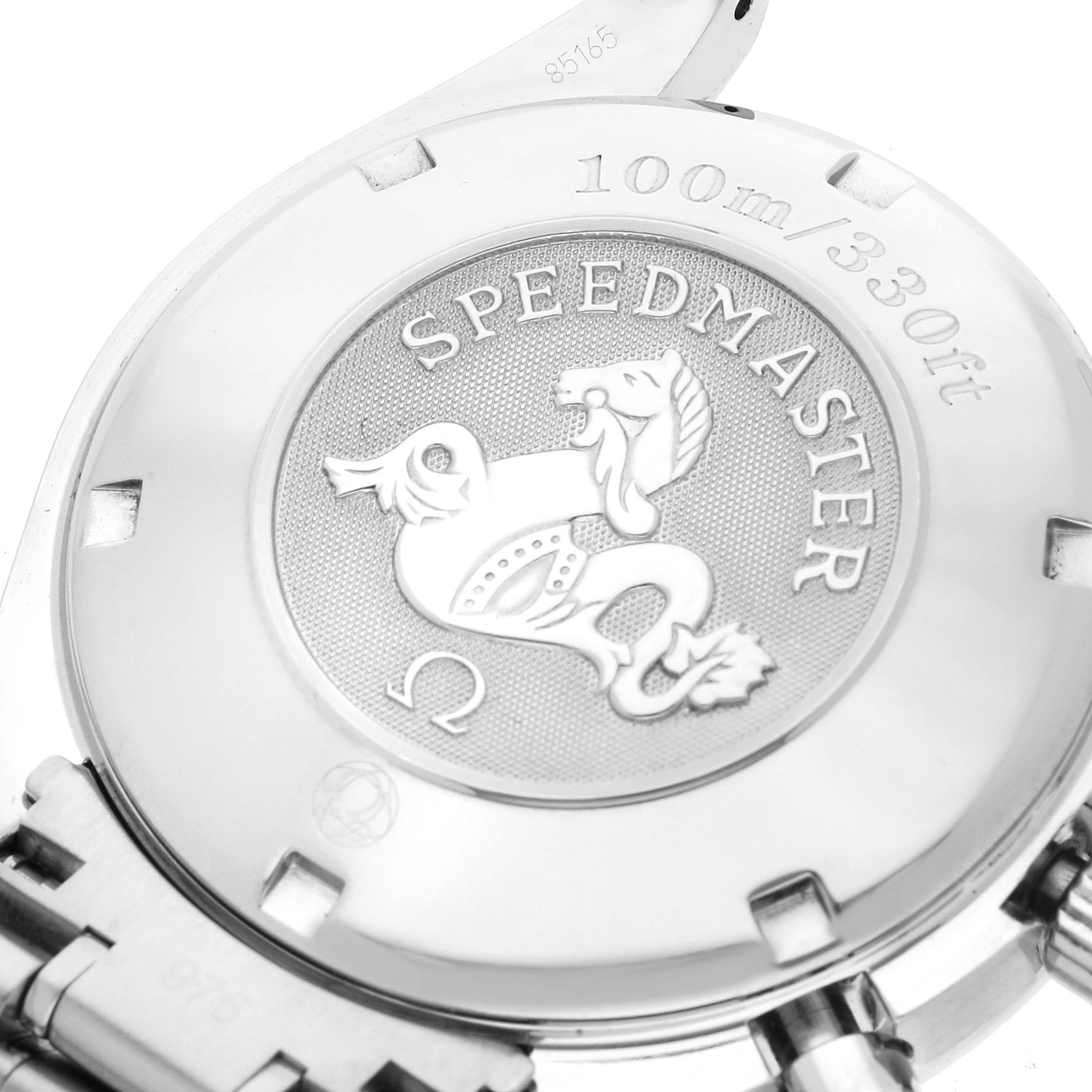 The image shows the back case of an Omega Speedmaster 3220.50.00 Men's Stainless Steel Black Dial 3220.50.00 Men's Stainless Steel Black Dial watch, highlighting the engraved logo and water resistance information.