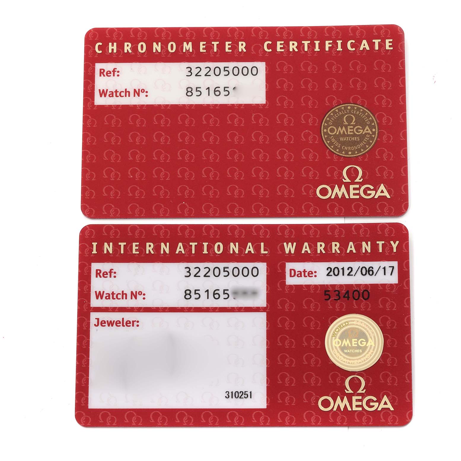 The image shows the Chronometer Certificate and International Warranty cards for an Omega Speedmaster 3220.50.00 Men's Stainless Steel Black Dial 3220.50.00 Men's Stainless Steel Black Dial watch, displaying reference and watch numbers.
