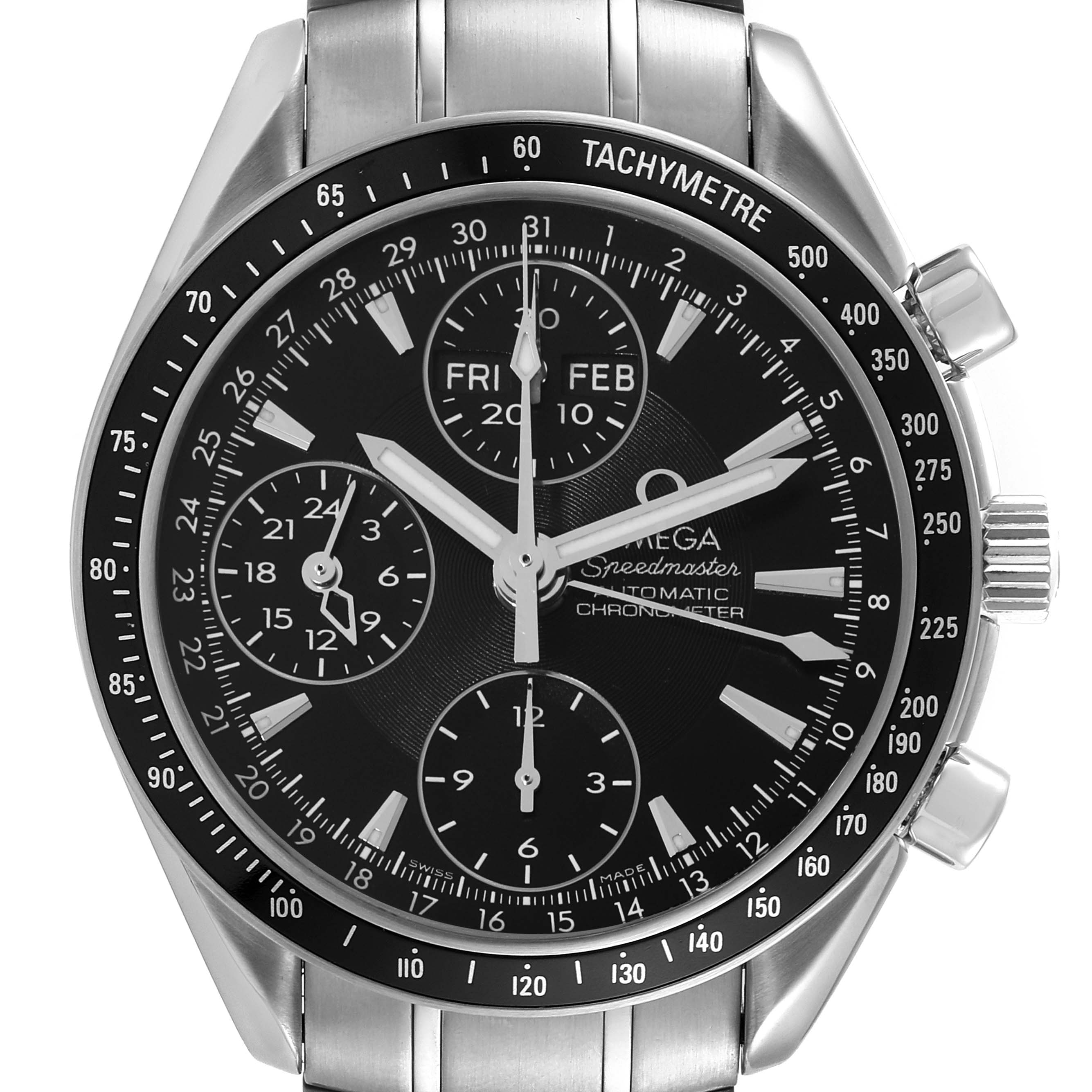 The image shows a close-up of the Omega Speedmaster 3220.50.00 Men's Stainless Steel Black Dial 3220.50.00 Men's Stainless Steel Black Dial watch displaying its dial, bezel, and crown.
