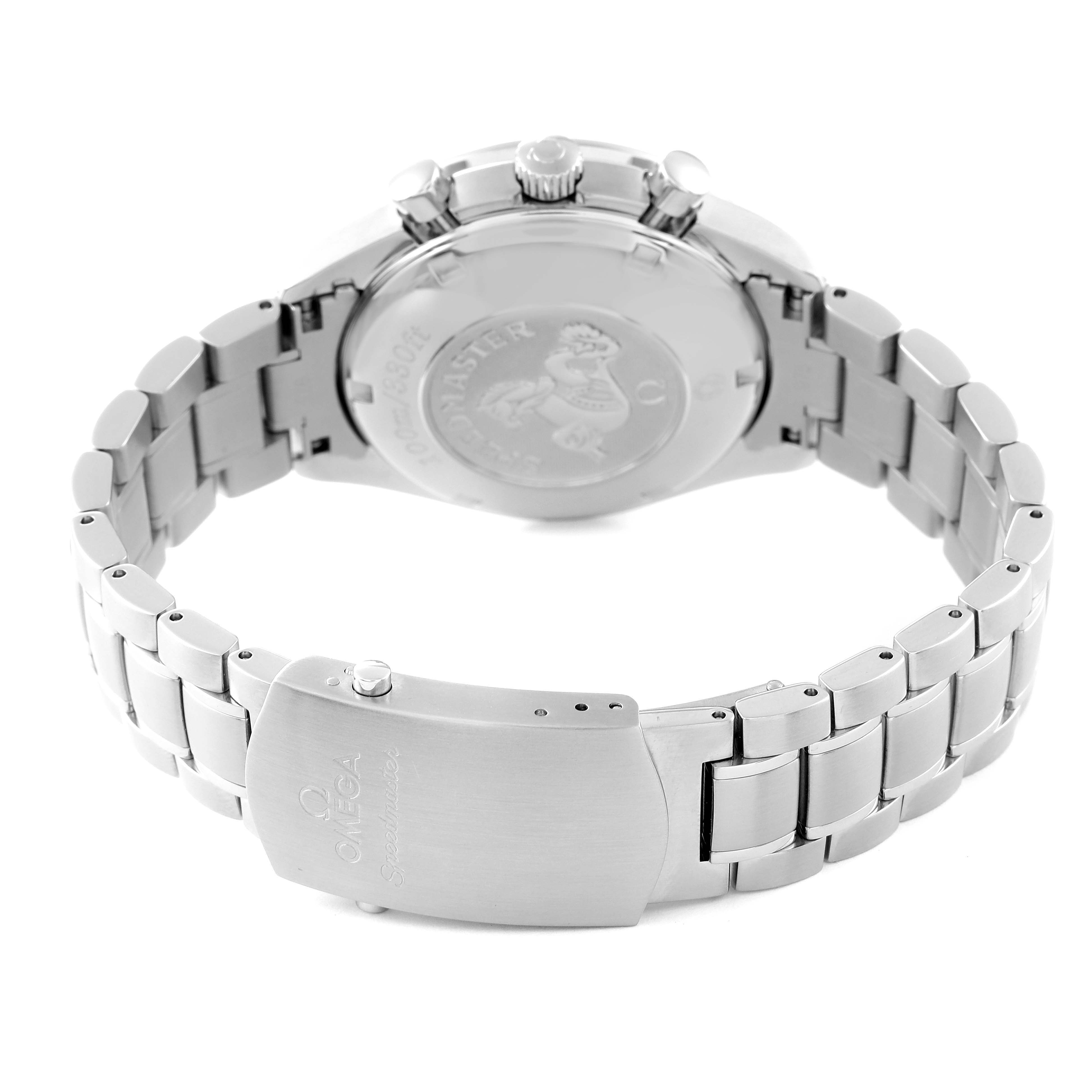 The image shows the backside of the Omega Speedmaster 3220.50.00 Men's Stainless Steel Black Dial 3220.50.00 Men's Stainless Steel Black Dial watch at a slight angle, highlighting the bracelet and clasp.