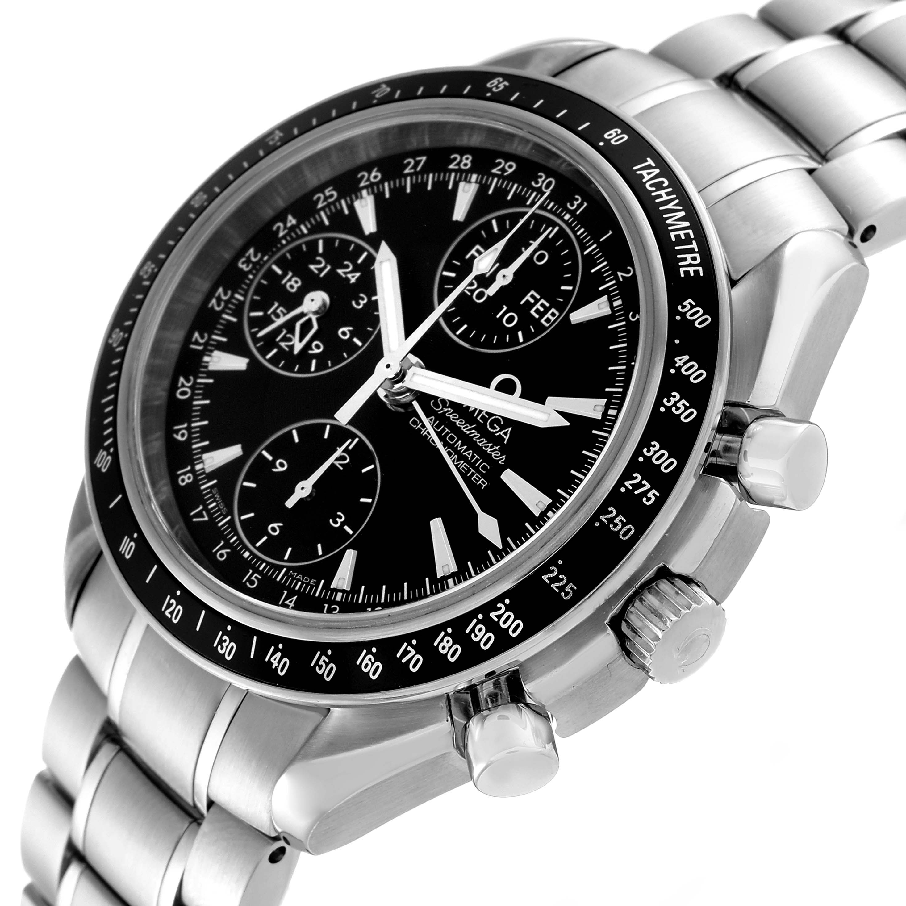 The Omega Speedmaster 3220.50.00 Men's Stainless Steel Black Dial 3220.50.00 Men's Stainless Steel Black Dial watch is shown at a slight angle, displaying the dial, tachymeter bezel, and stainless steel bracelet.