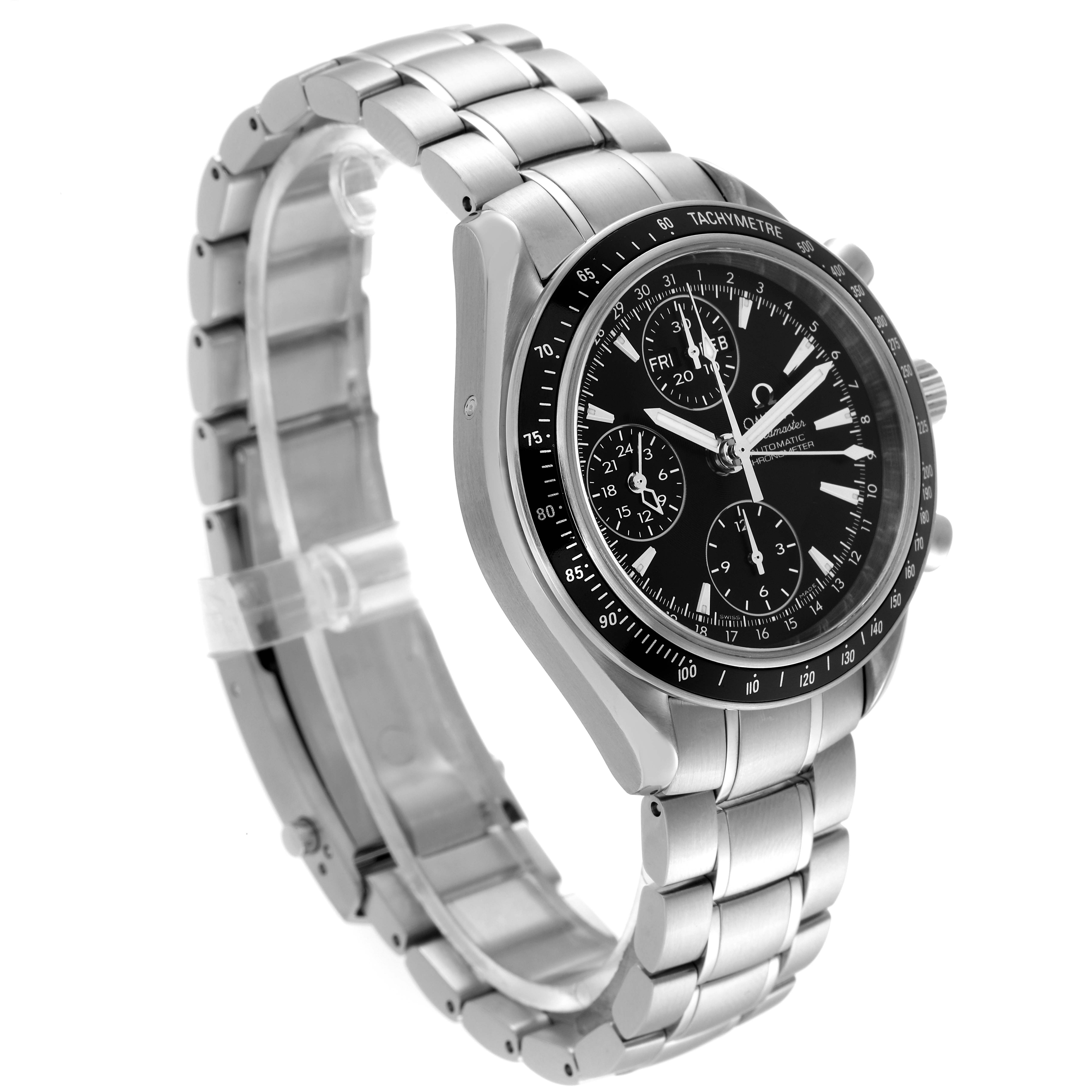 The image shows a side angle of the Omega Speedmaster 3220.50.00 Men's Stainless Steel Black Dial 3220.50.00 Men's Stainless Steel Black Dial watch, highlighting its stainless steel bracelet and black dial with chronograph sub-dials.