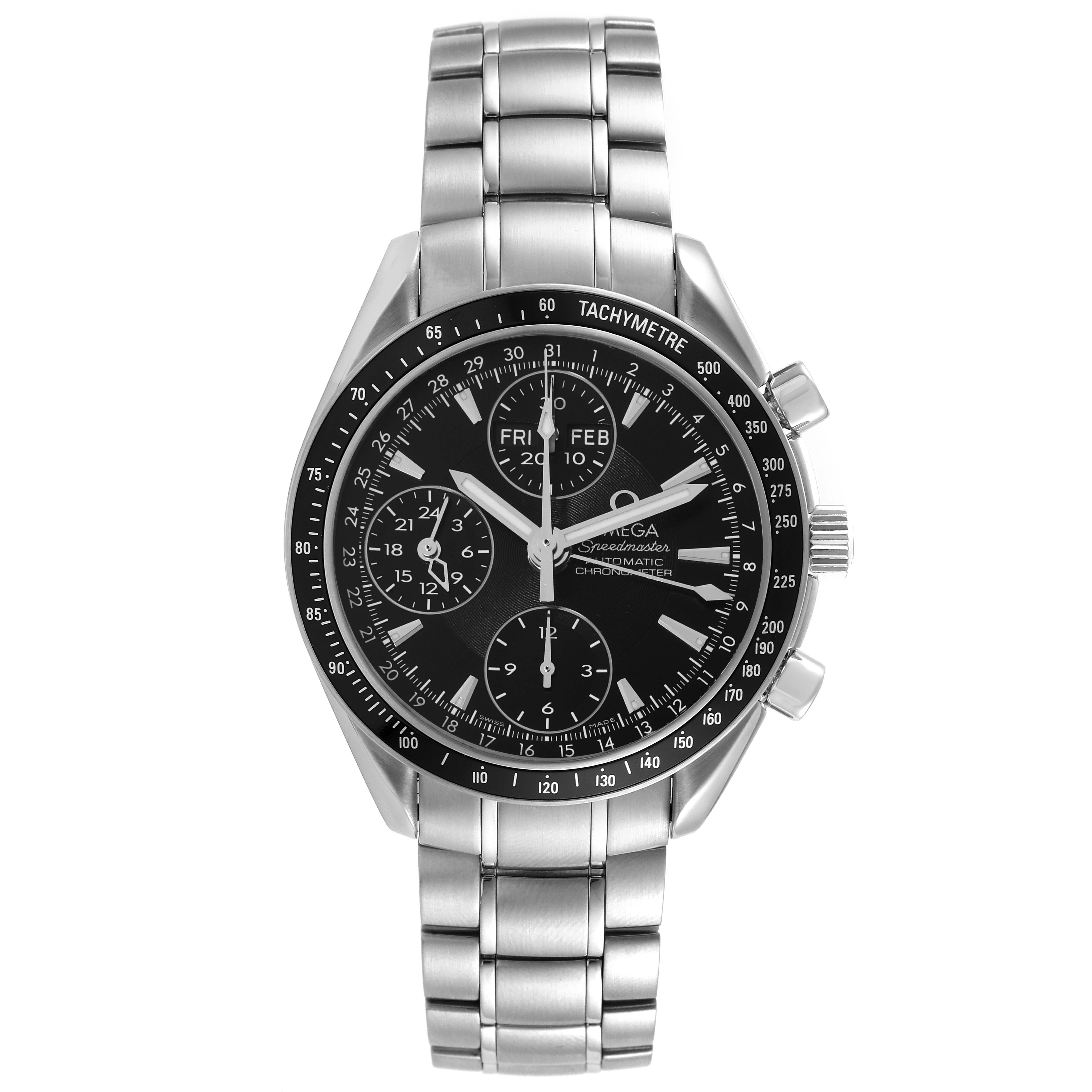 The Omega Speedmaster 3220.50.00 Men's Stainless Steel Black Dial 3220.50.00 Men's Stainless Steel Black Dial watch is shown from a front angle, displaying its face, bezel, and stainless steel bracelet.