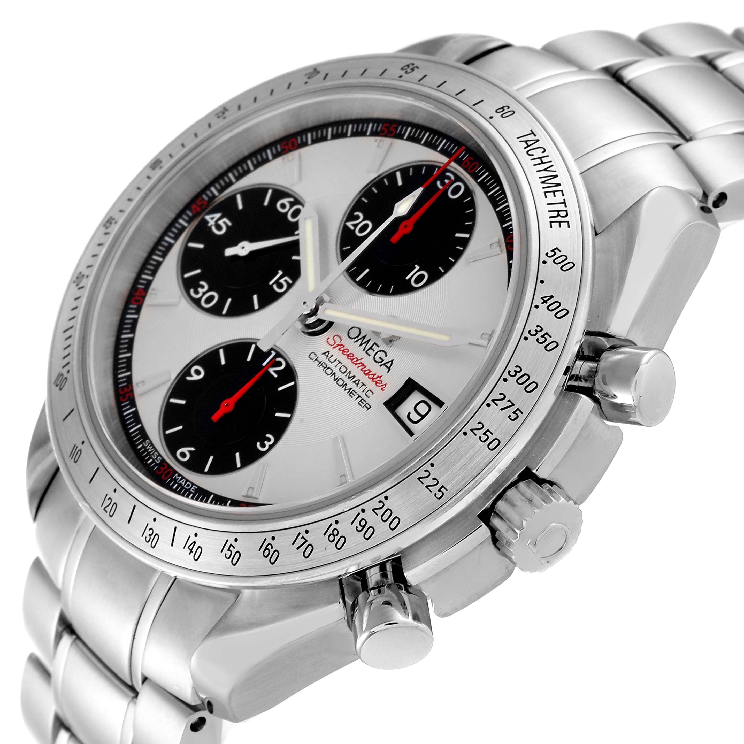 The Omega Speedmaster 3211.31.00 Men's Stainless Steel Silver Dial 3211.31.00 Men's Stainless Steel Silver Dial watch is shown at an angled close-up, highlighting its face, bezel, chronograph subdials, and stainless steel bracelet.
