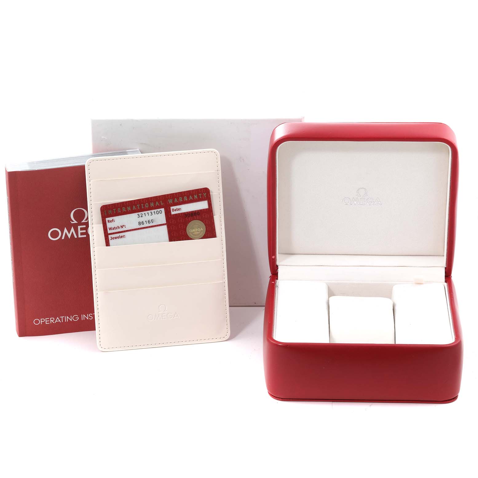 The image shows an Omega Speedmaster 3211.31.00 Men's Stainless Steel Silver Dial 3211.31.00 Men's Stainless Steel Silver Dial packaging with a watch box, an international warranty card holder, and an operating instructions booklet.