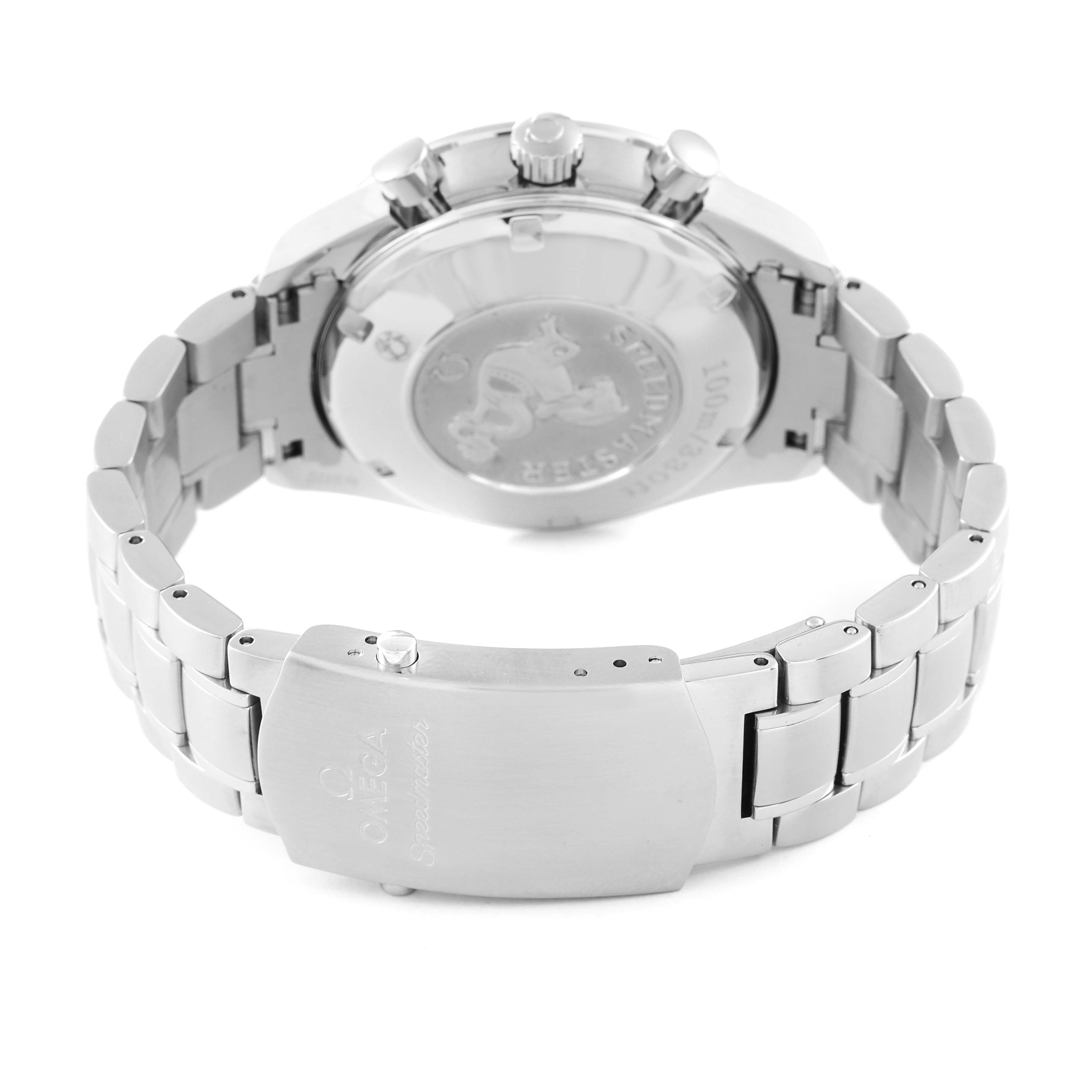 The image shows the back view of an Omega Speedmaster 3211.31.00 Men's Stainless Steel Silver Dial 3211.31.00 Men's Stainless Steel Silver Dial, featuring the case back, pushers, crown, and metal bracelet.
