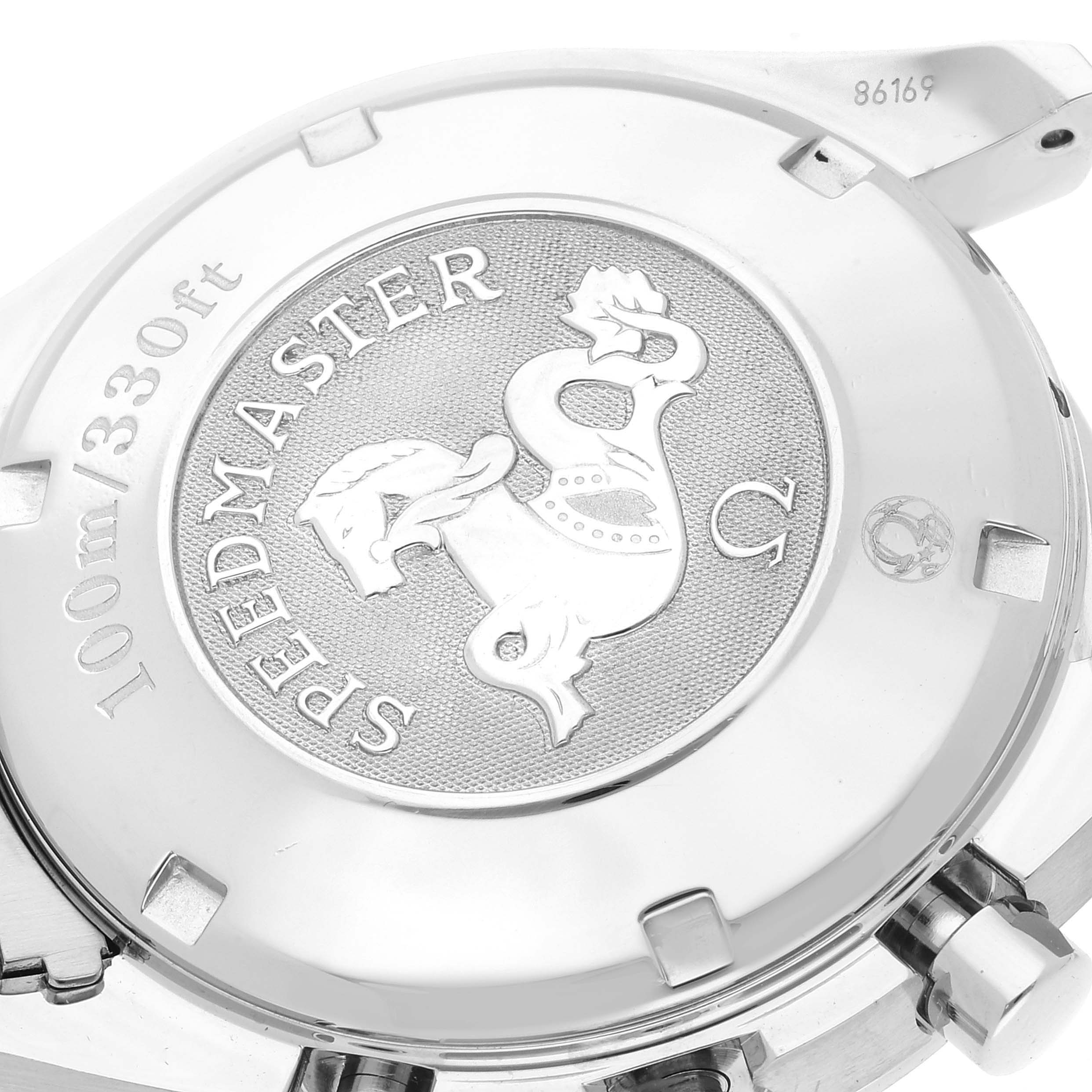 The image shows the case back of an Omega Speedmaster 3211.31.00 Men's Stainless Steel Silver Dial 3211.31.00 Men's Stainless Steel Silver Dial watch, highlighting the Speedmaster logo and water resistance rating.