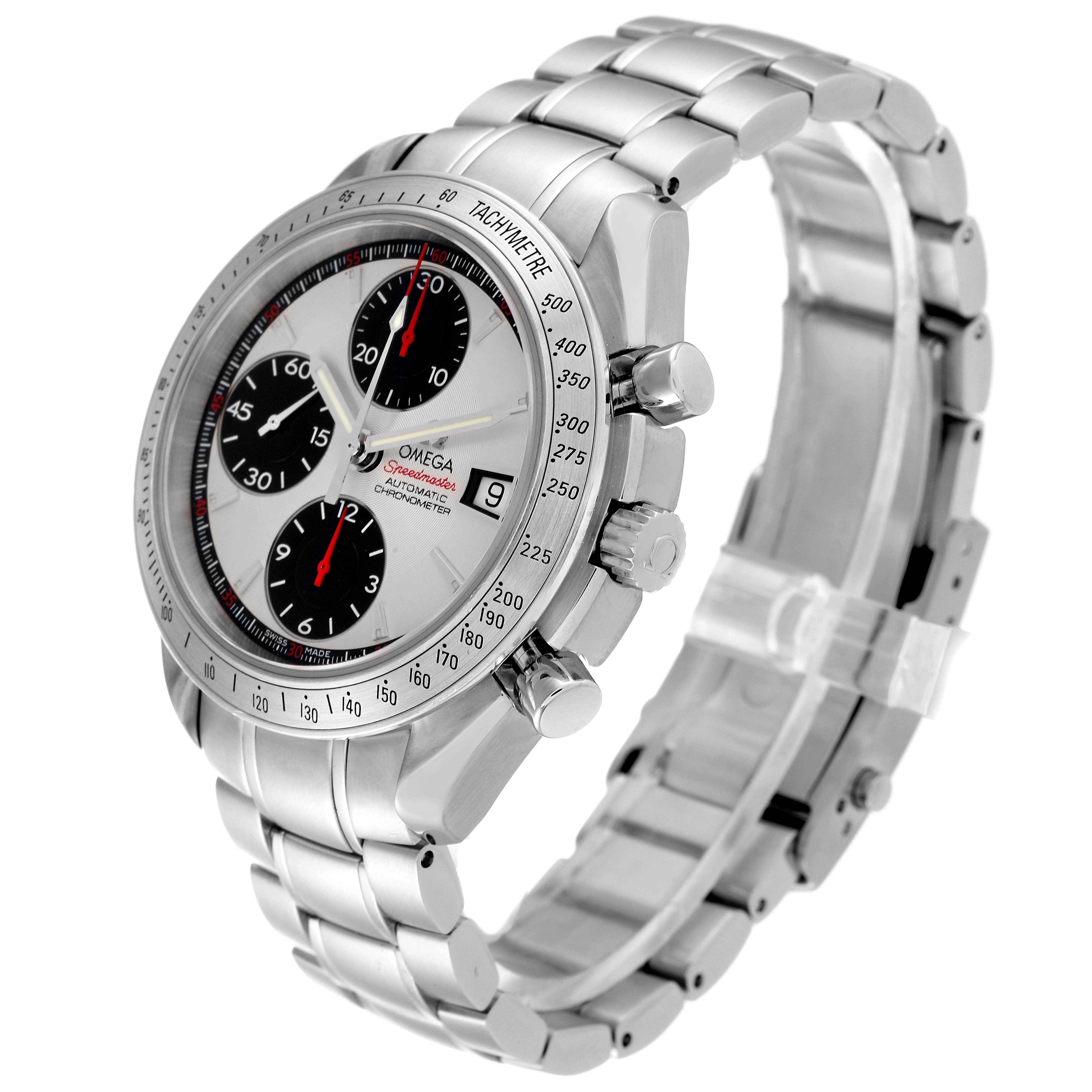 The Omega Speedmaster 3211.31.00 Men's Stainless Steel Silver Dial 3211.31.00 Men's Stainless Steel Silver Dial watch is shown at an angled view displaying the face, bezel, crown, pushers, and bracelet.