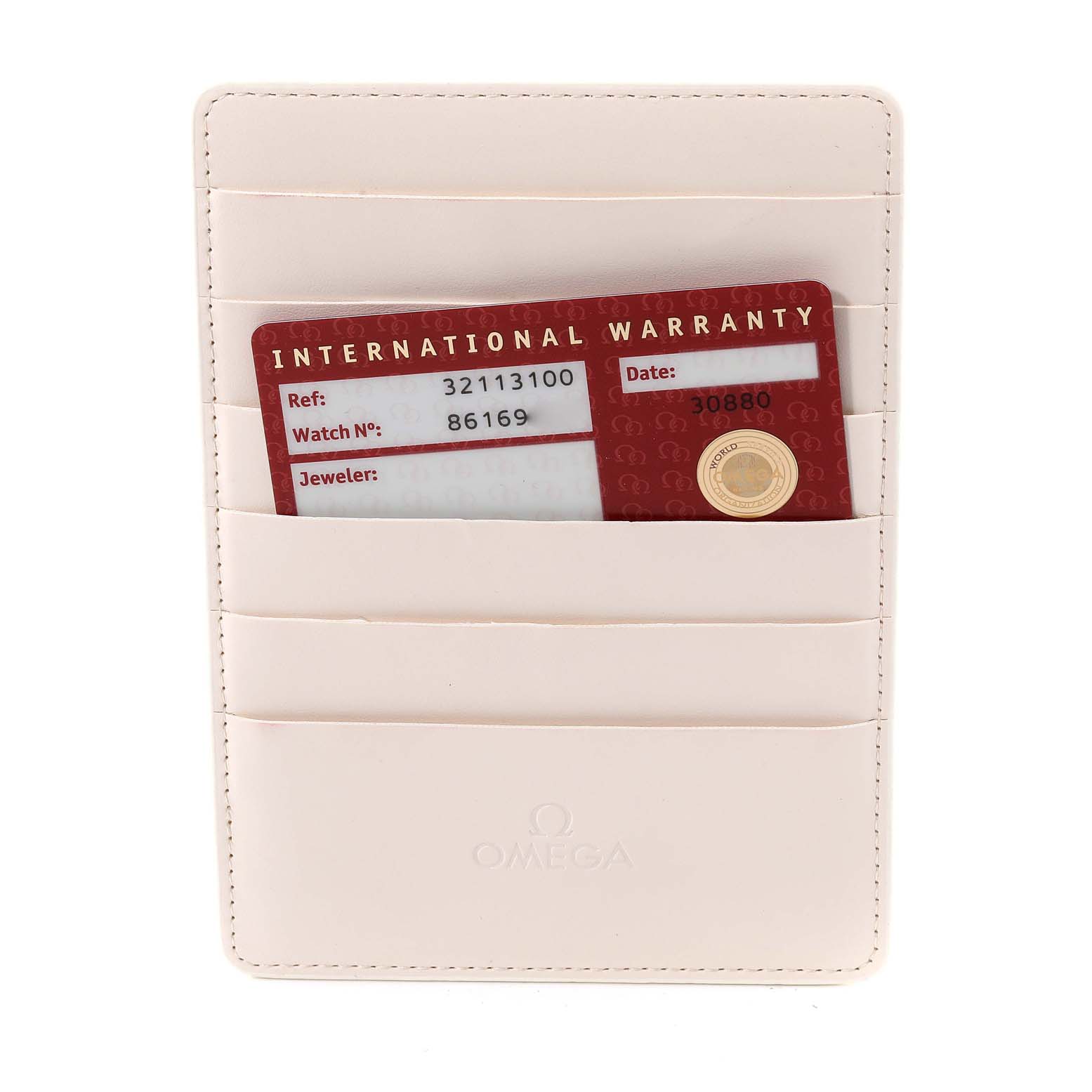 The image shows an Omega Speedmaster 3211.31.00 Men's Stainless Steel Silver Dial 3211.31.00 Men's Stainless Steel Silver Dial international warranty card in a white cardholder.