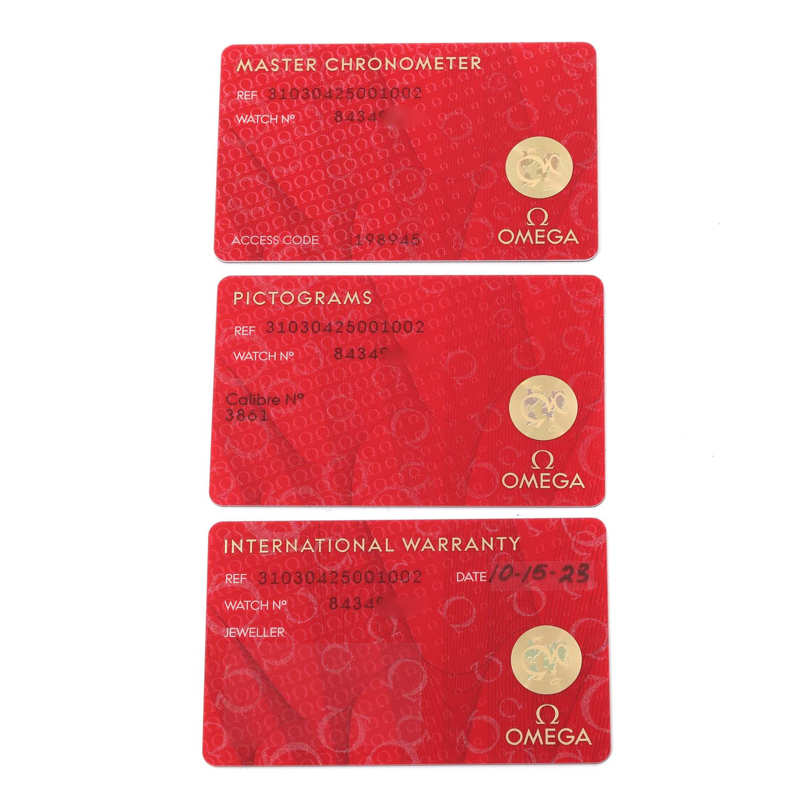 Three Omega Speedmaster 310.30.42.50.01.002 Men
s Stainless Steel Black Dial 310.30.42.50.01.002 Men
s Stainless Steel Black Dial cards are shown: Master Chronometer, Pictograms, and International Warranty.