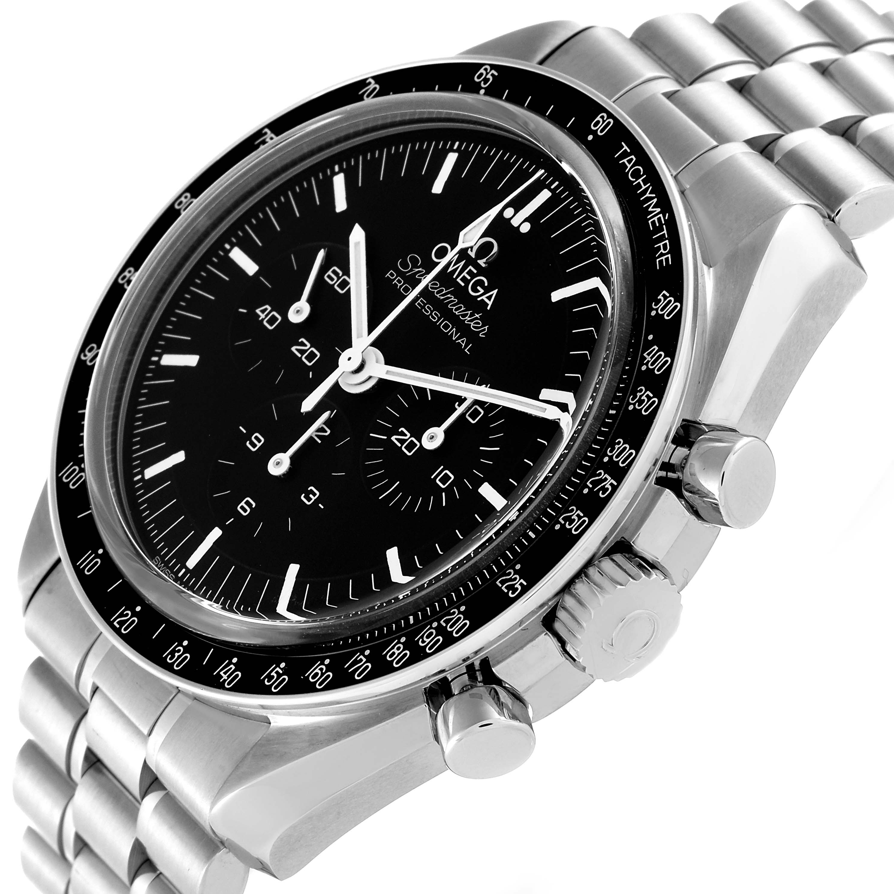 This image shows the Omega Speedmaster 310.30.42.50.01.002 Men
s Stainless Steel Black Dial 310.30.42.50.01.002 Men
s Stainless Steel Black Dial watch from a slightly angled front view, highlighting its dial, bezel, crown, and pushers.