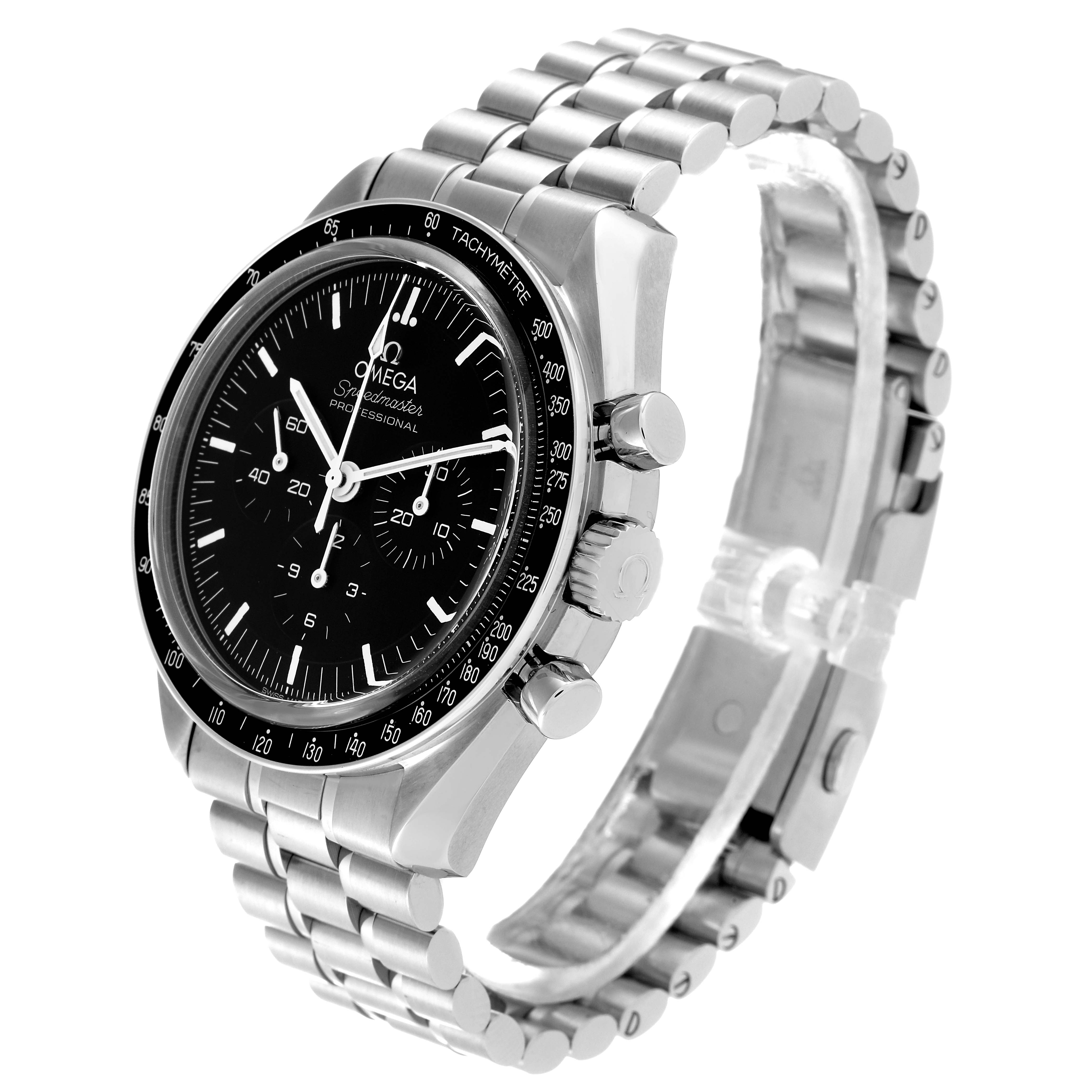 The image shows an Omega Speedmaster 310.30.42.50.01.002 Men
s Stainless Steel Black Dial 310.30.42.50.01.002 Men
s Stainless Steel Black Dial watch angled from the front-left, showcasing the dial, bezel, crown, pushers, and bracelet.