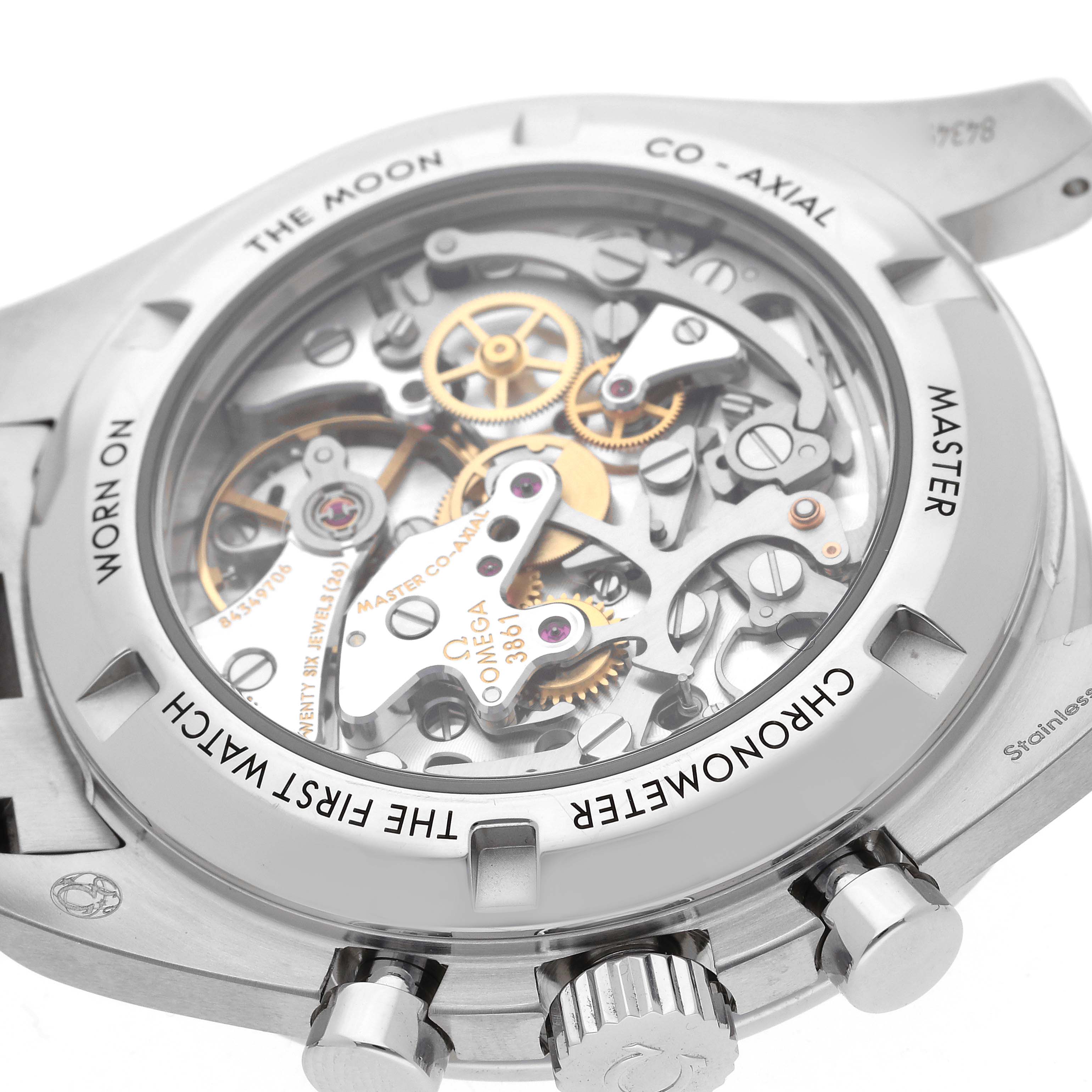 The image shows the back of the Omega Speedmaster 310.30.42.50.01.002 Men
s Stainless Steel Black Dial 310.30.42.50.01.002 Men
s Stainless Steel Black Dial watch, highlighting the internal mechanisms and the engraved text on the case.