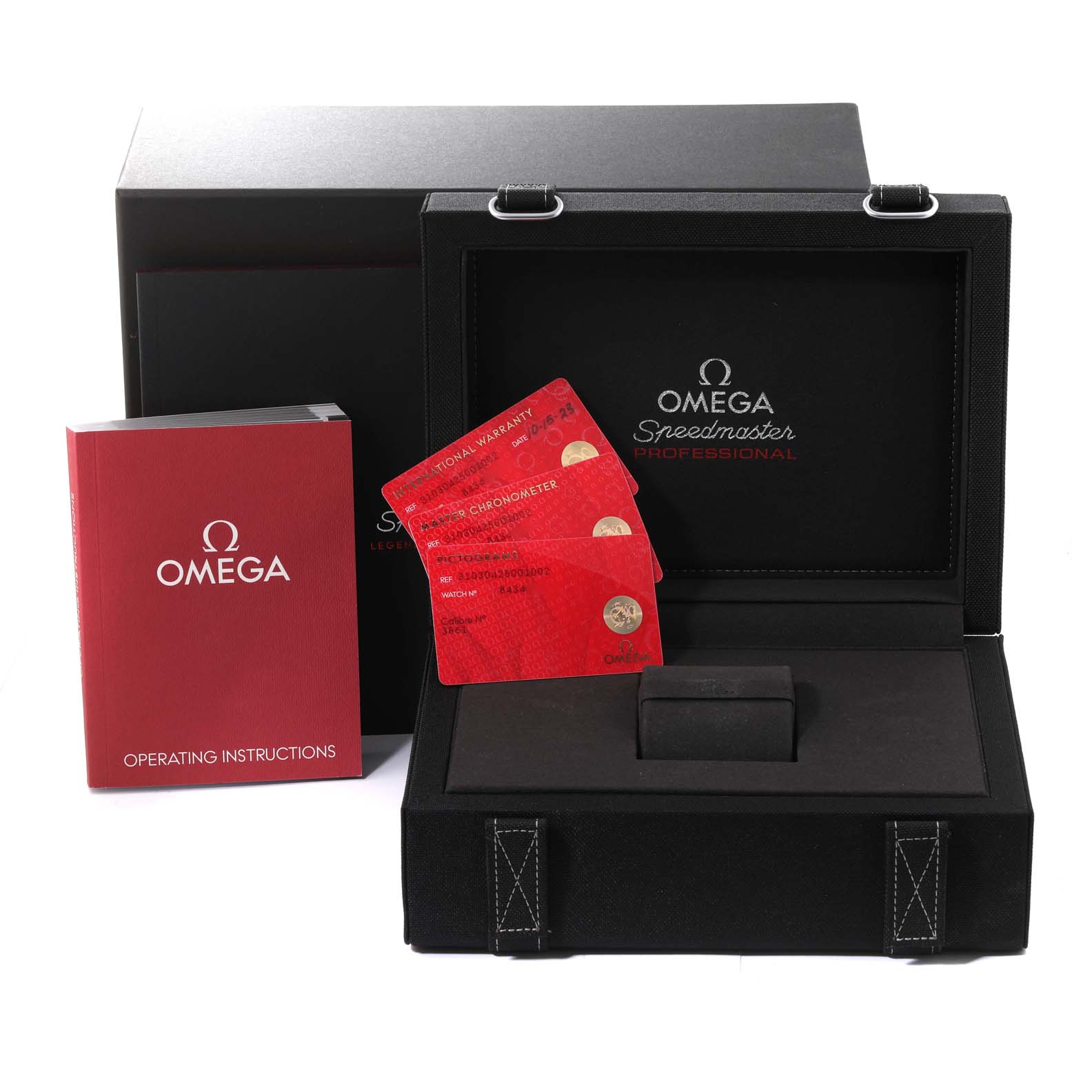Omega Speedmaster 310.30.42.50.01.002 Men
s Stainless Steel Black Dial 310.30.42.50.01.002 Men
s Stainless Steel Black Dial box and accessories are shown, including the instruction booklet and warranty cards.