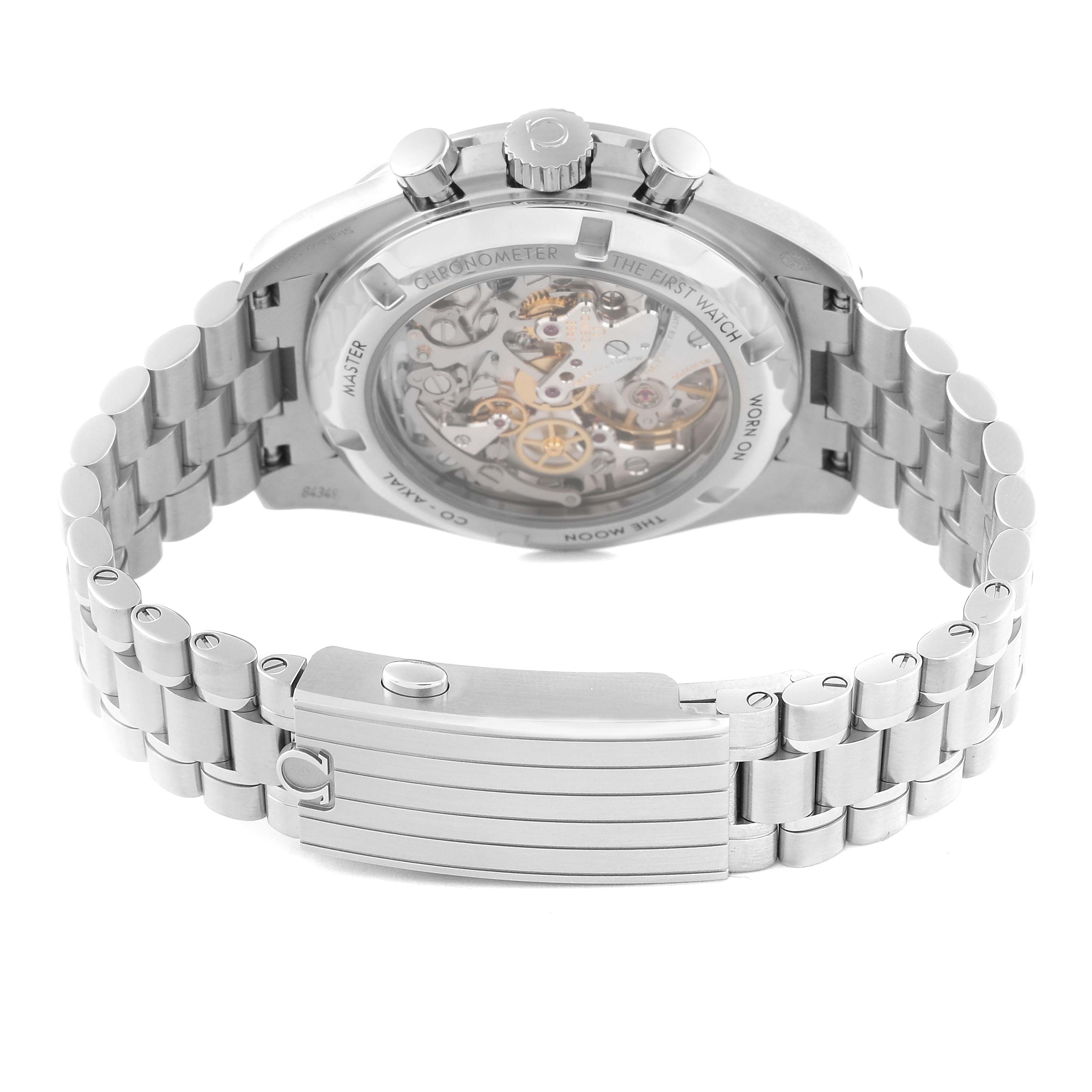 The image shows the back view of an Omega Speedmaster 310.30.42.50.01.002 Men
s Stainless Steel Black Dial 310.30.42.50.01.002 Men
s Stainless Steel Black Dial watch, highlighting its metal bracelet and transparent case back.