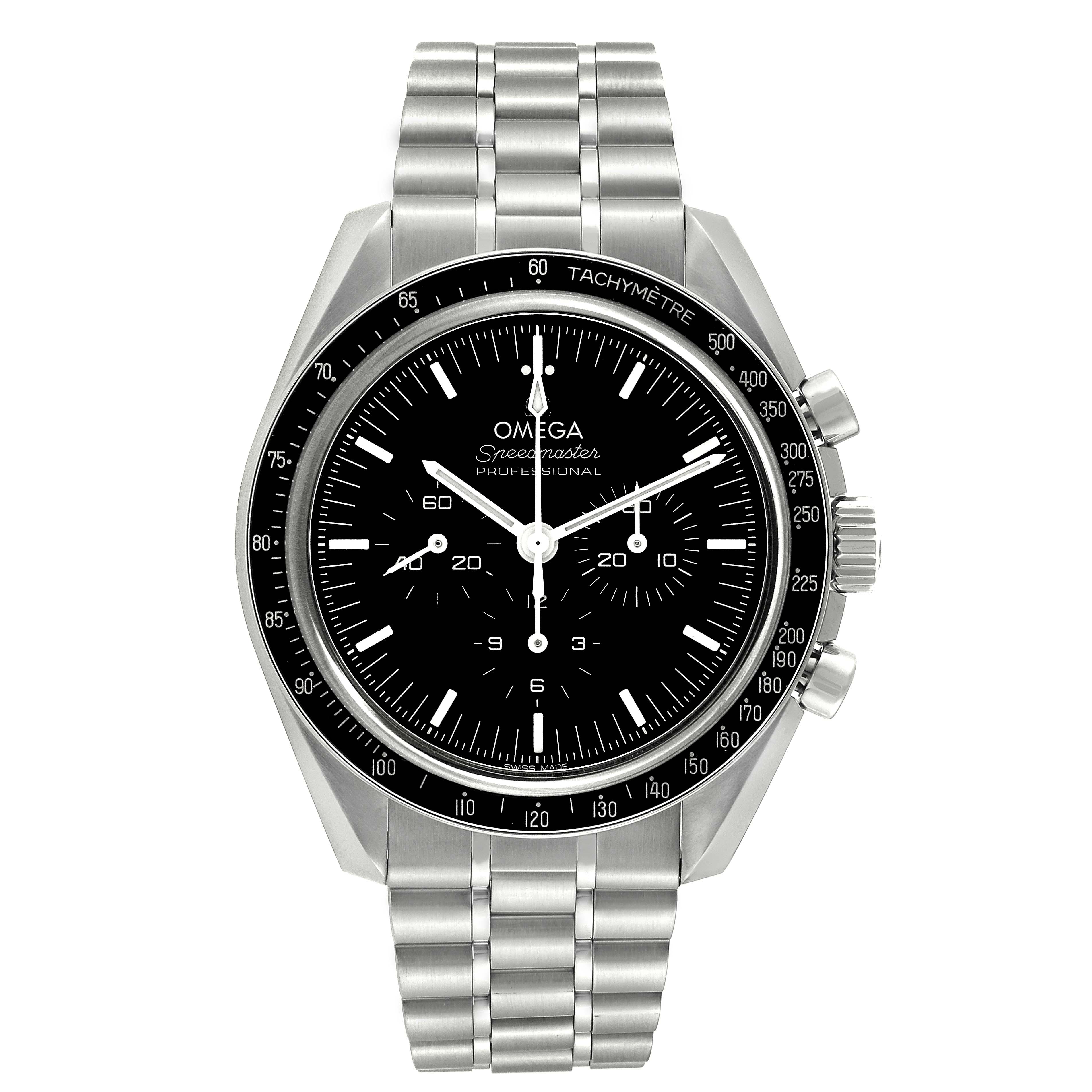 This image shows a front view of an Omega Speedmaster 310.30.42.50.01.002 Men
s Stainless Steel Black Dial 310.30.42.50.01.002 Men
s Stainless Steel Black Dial watch with a stainless steel bracelet and a black tachymeter bezel.