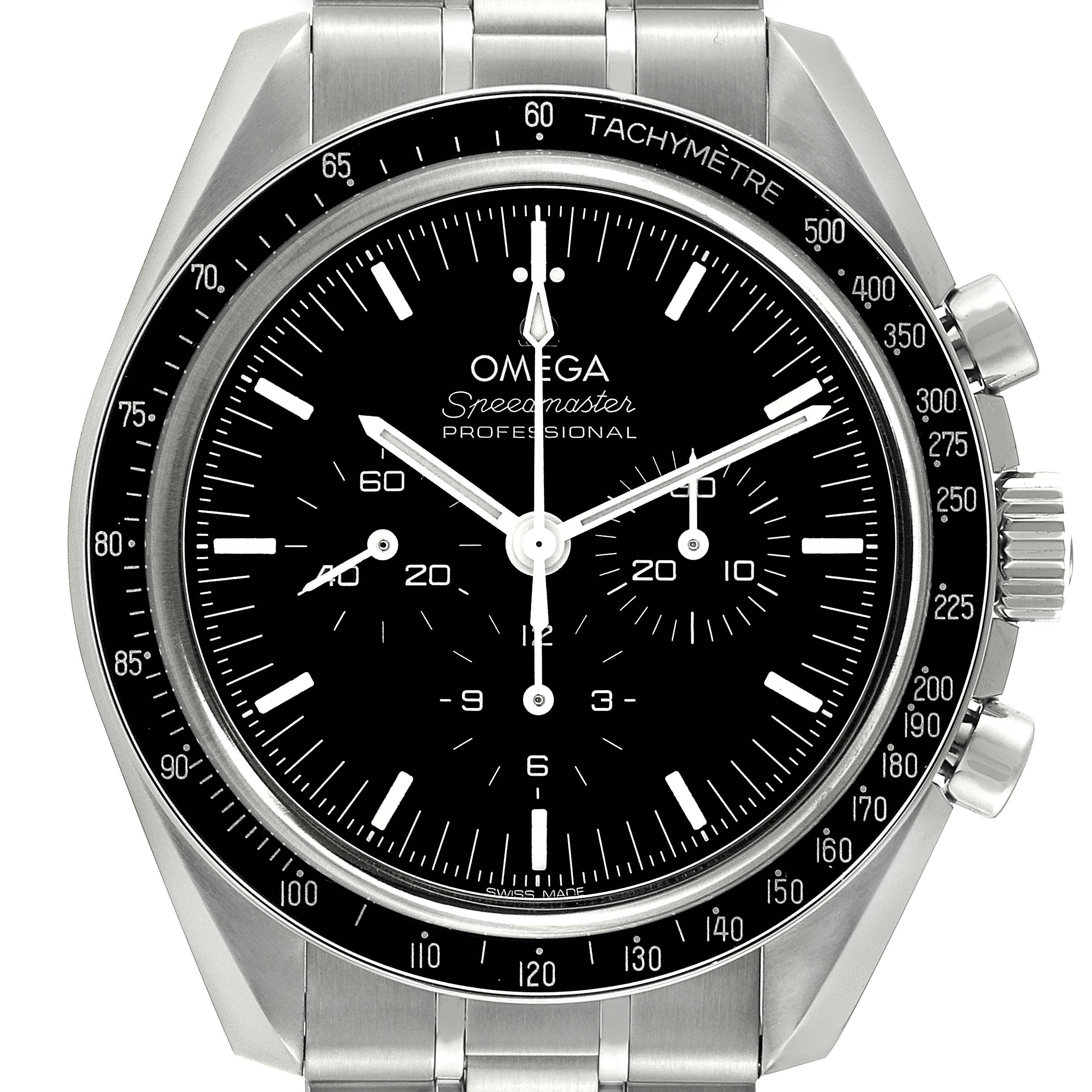 This Omega Speedmaster 310.30.42.50.01.002 Men
s Stainless Steel Black Dial 310.30.42.50.01.002 Men
s Stainless Steel Black Dial watch is shown from the front, highlighting the dial, tachymeter, sub-dials, and stainless steel bracelet.