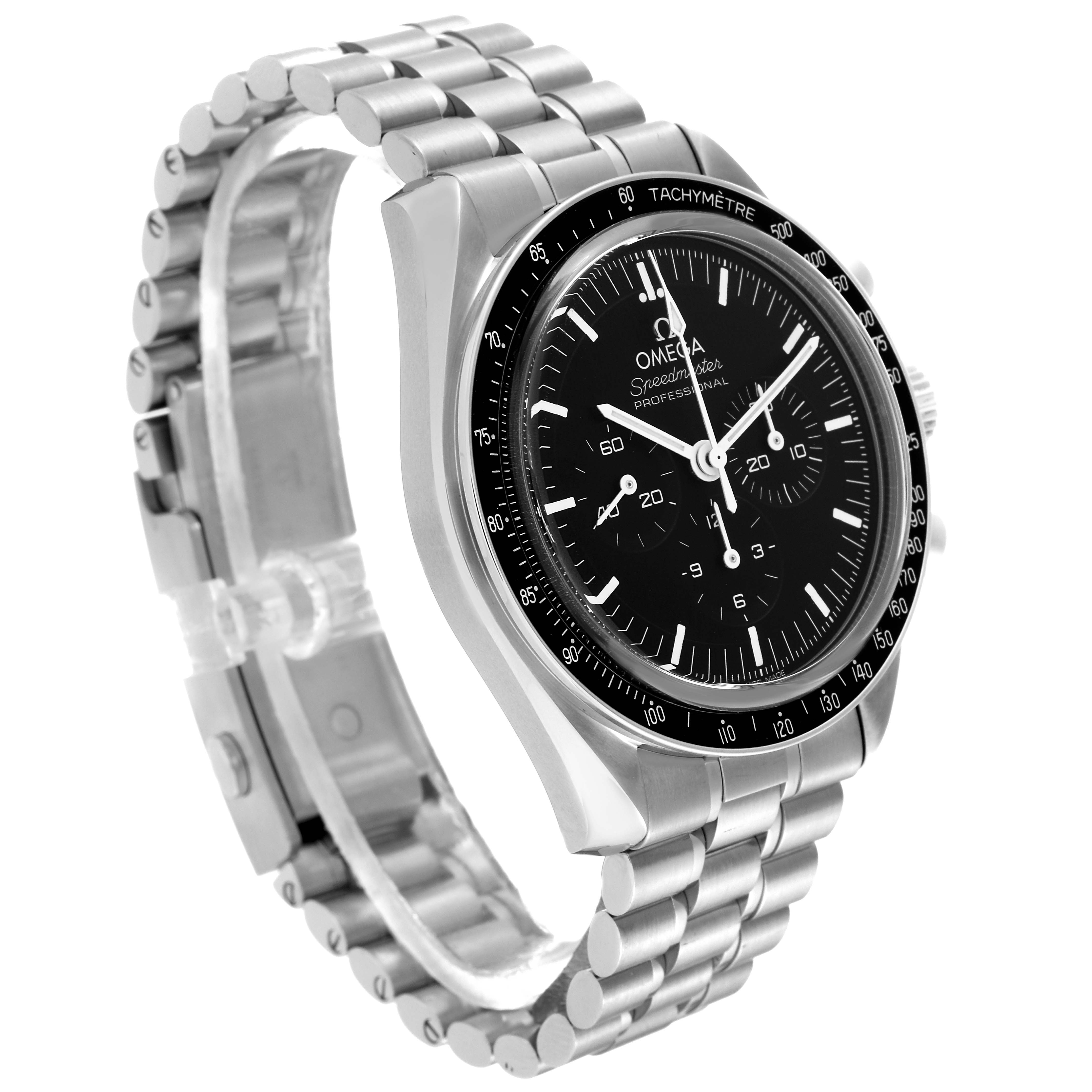 The image shows an angled view of the Omega Speedmaster 310.30.42.50.01.002 Men
s Stainless Steel Black Dial 310.30.42.50.01.002 Men
s Stainless Steel Black Dial watch highlighting its face, bezel, and metal bracelet.