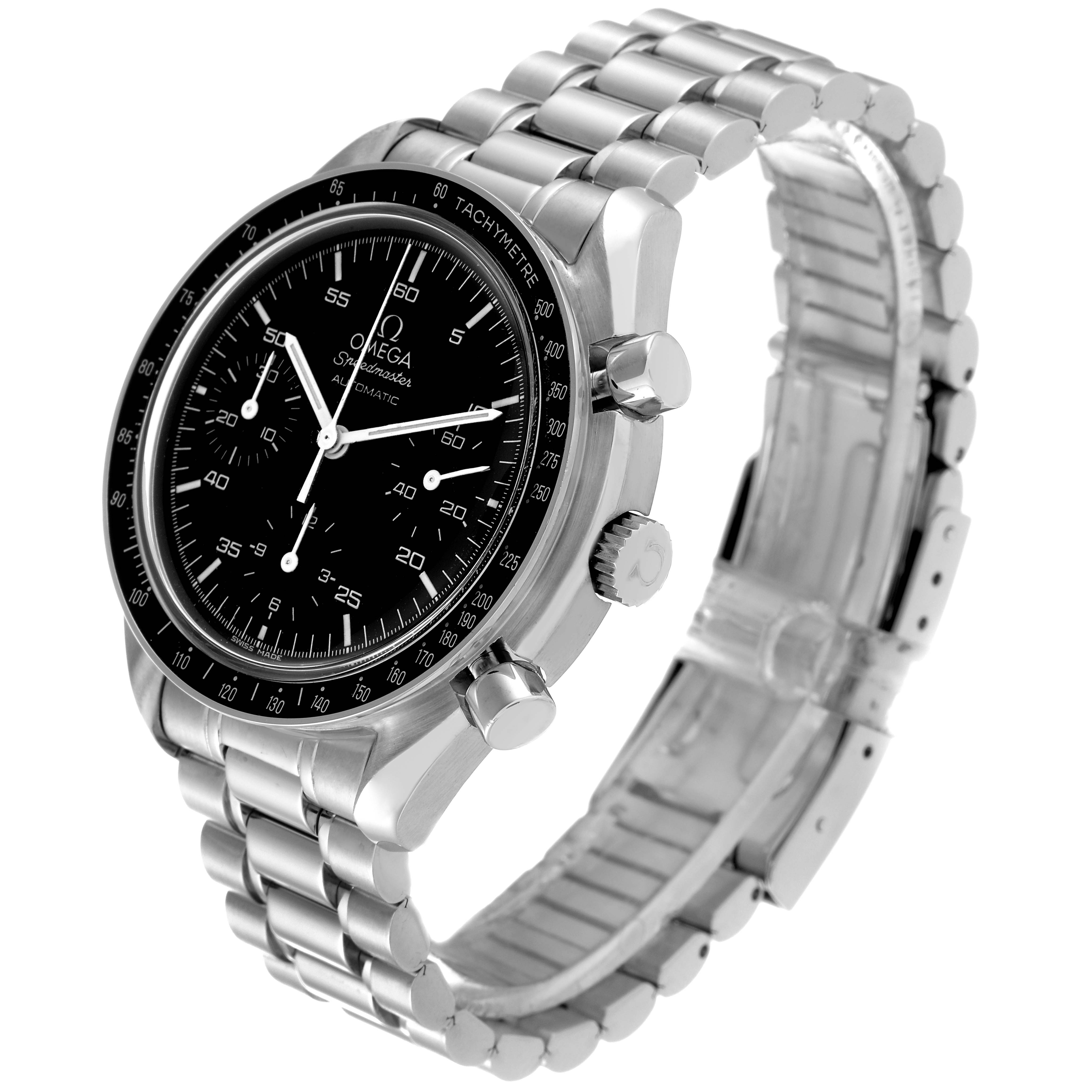 This image shows an angled view of the Omega Speedmaster 3510.50.00 Men's Stainless Steel Black Dial 3510.50.00 Men's Stainless Steel Black Dial watch, highlighting its face, bezel, crown, pushers, and metal bracelet.