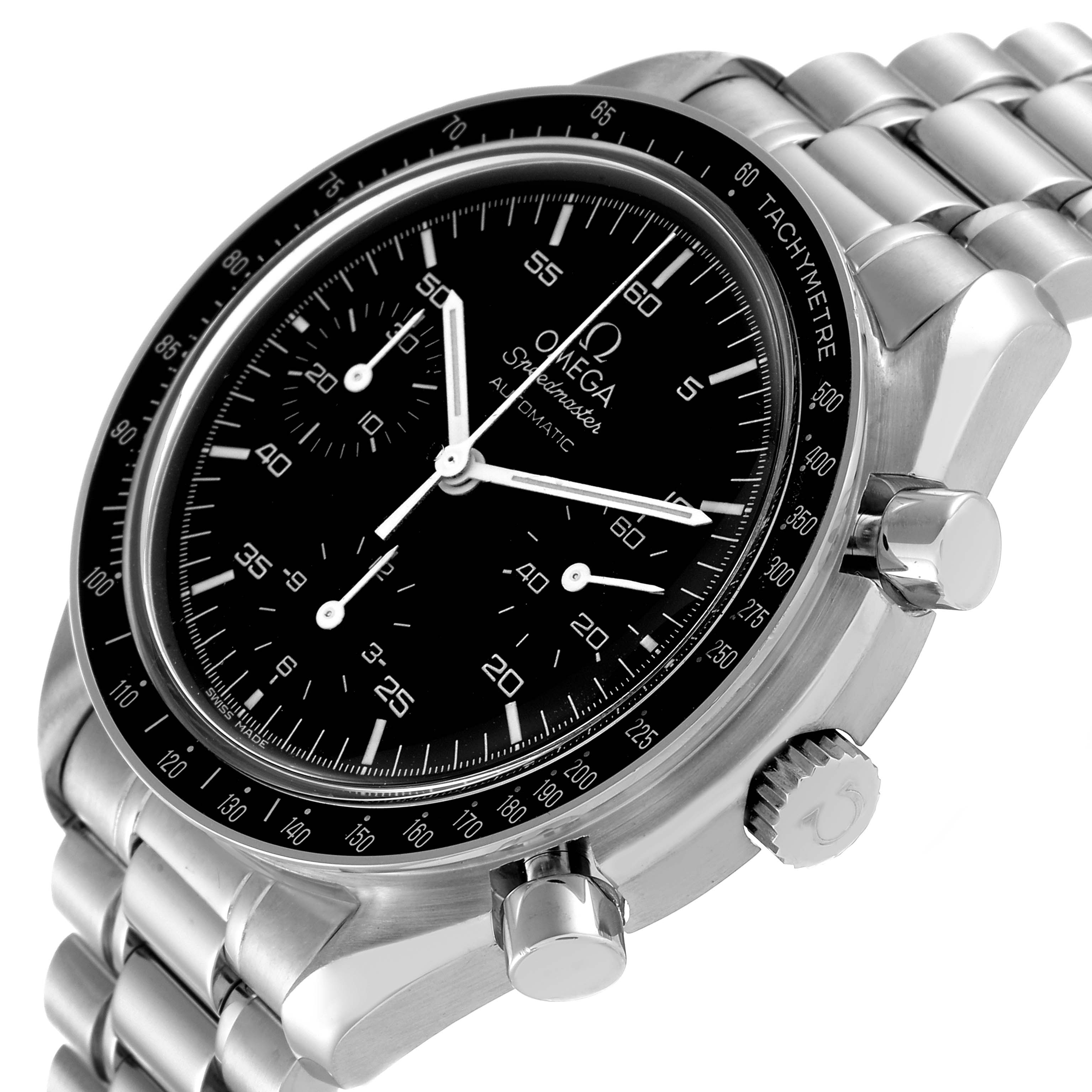 This Omega Speedmaster 3510.50.00 Men's Stainless Steel Black Dial 3510.50.00 Men's Stainless Steel Black Dial model is shown at a three-quarter angle, highlighting the dial, tachymeter bezel, crown, and bracelet.