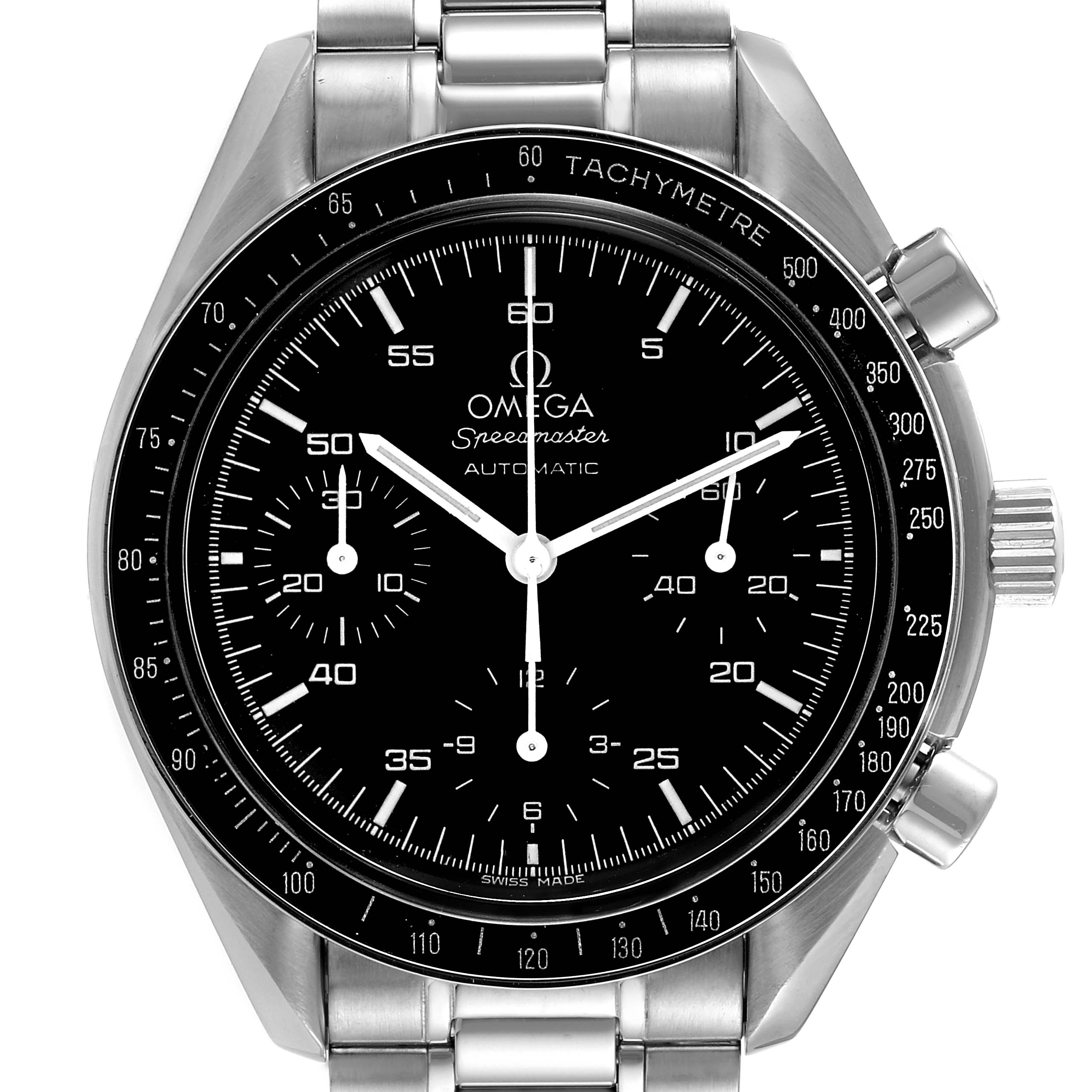 The Omega Speedmaster 3510.50.00 Men's Stainless Steel Black Dial 3510.50.00 Men's Stainless Steel Black Dial watch is shown from a front angle, displaying its black dial, chronograph subdials, and tachymeter bezel.