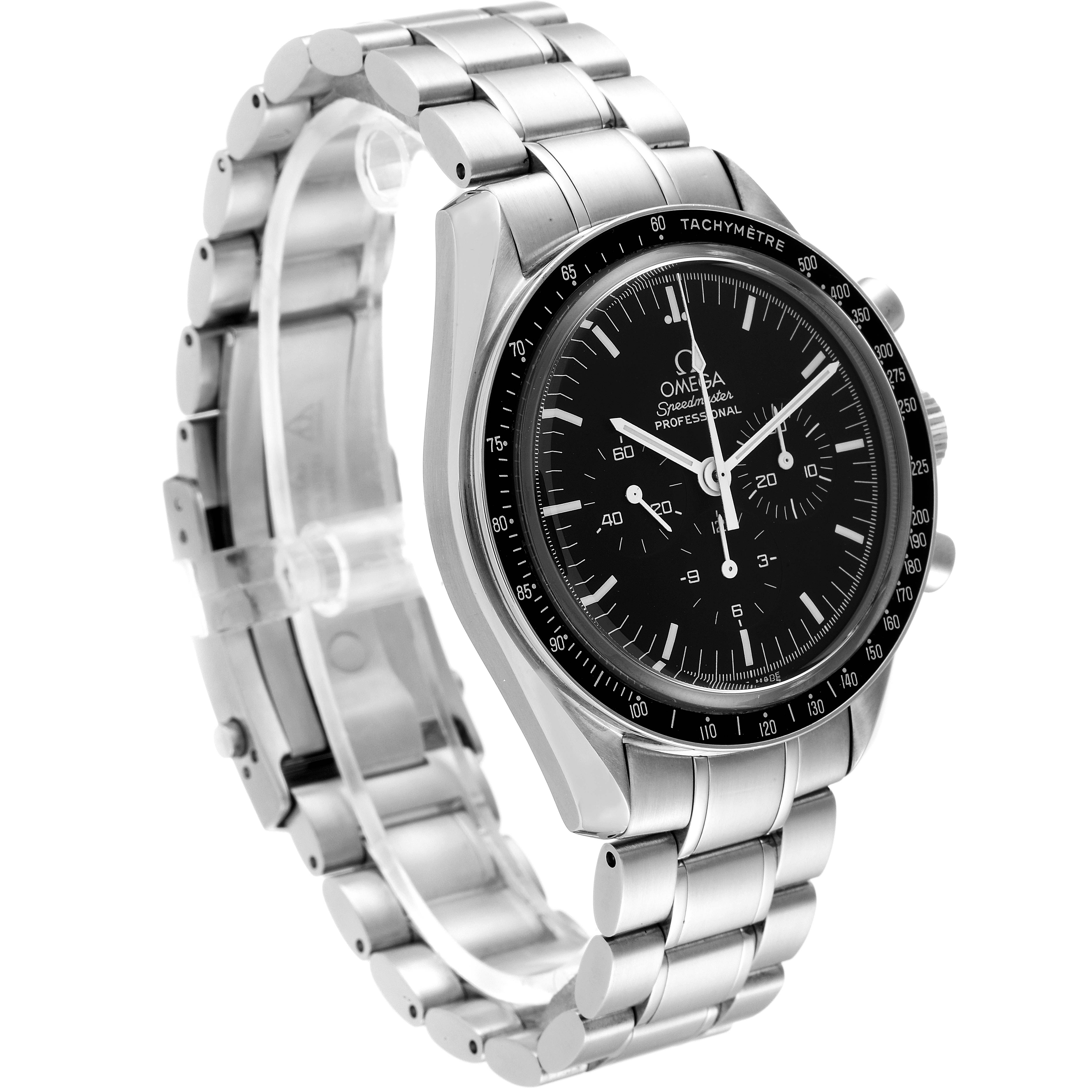 The Omega Speedmaster 3573.50.00 Men
s Stainless Steel Black Dial 3573.50.00 Men
s Stainless Steel Black Dial watch is shown at an angle highlighting its face, bezel, crown, and metal bracelet.