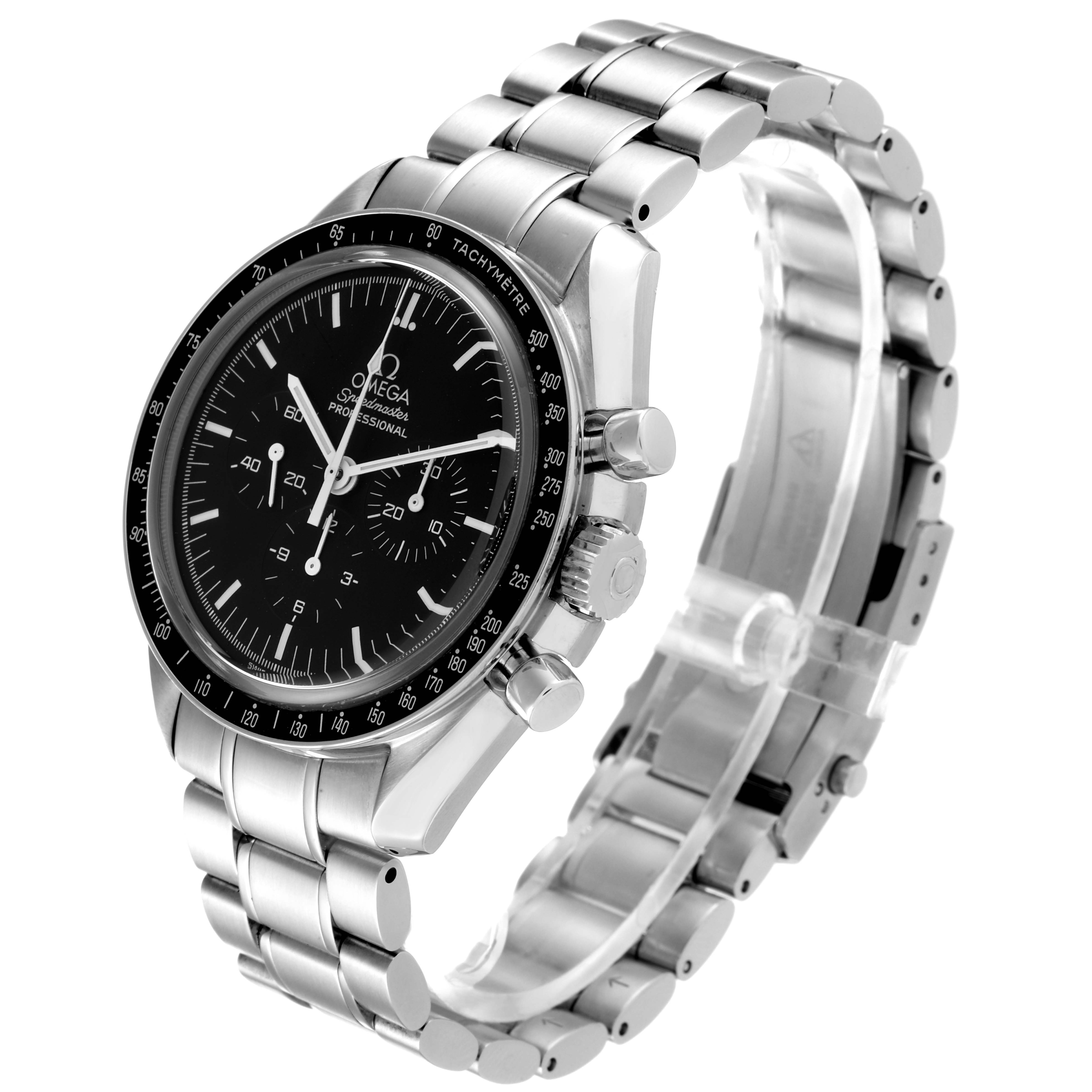 The Omega Speedmaster 3573.50.00 Men
s Stainless Steel Black Dial 3573.50.00 Men
s Stainless Steel Black Dial watch is shown at a three-quarter angle, displaying its face, bezel, bracelet, and crown.
