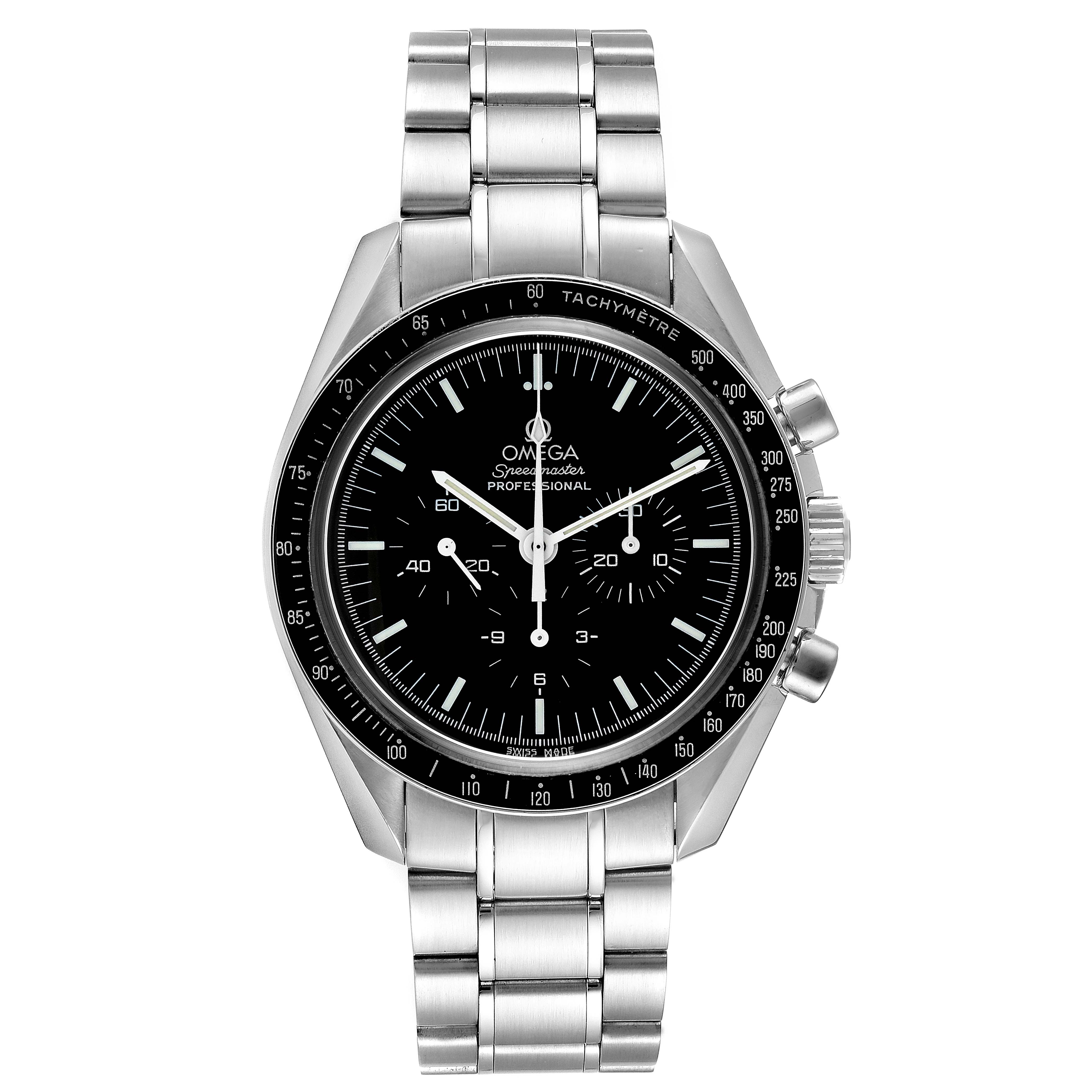 The image shows a front view of an Omega Speedmaster 3573.50.00 Men
s Stainless Steel Black Dial 3573.50.00 Men
s Stainless Steel Black Dial Professional watch, highlighting its face, bezel, and metal bracelet.