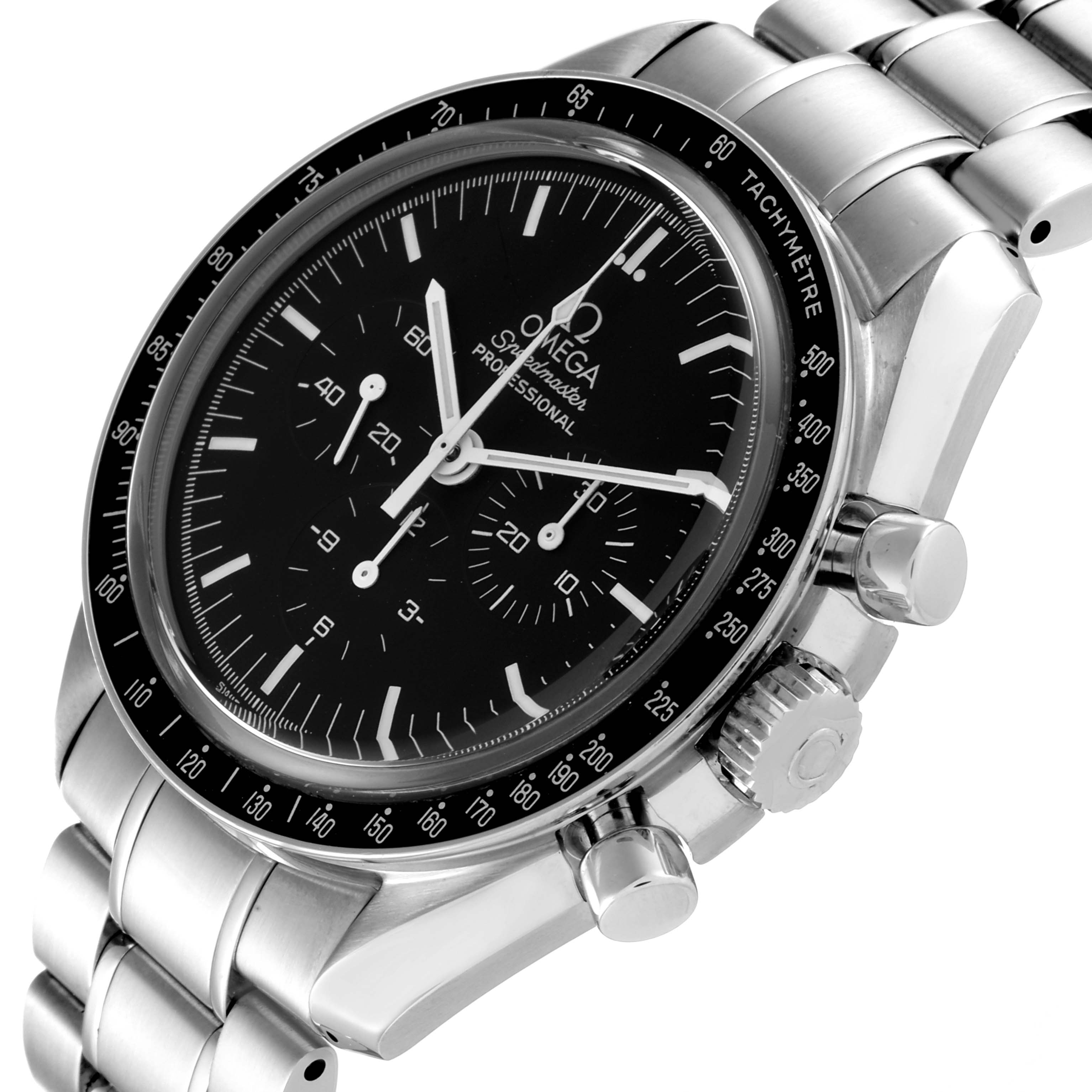 The Omega Speedmaster 3573.50.00 Men
s Stainless Steel Black Dial 3573.50.00 Men
s Stainless Steel Black Dial watch is shown at an oblique angle displaying the dial, bezel, chronograph pushers, crown, and part of the bracelet.