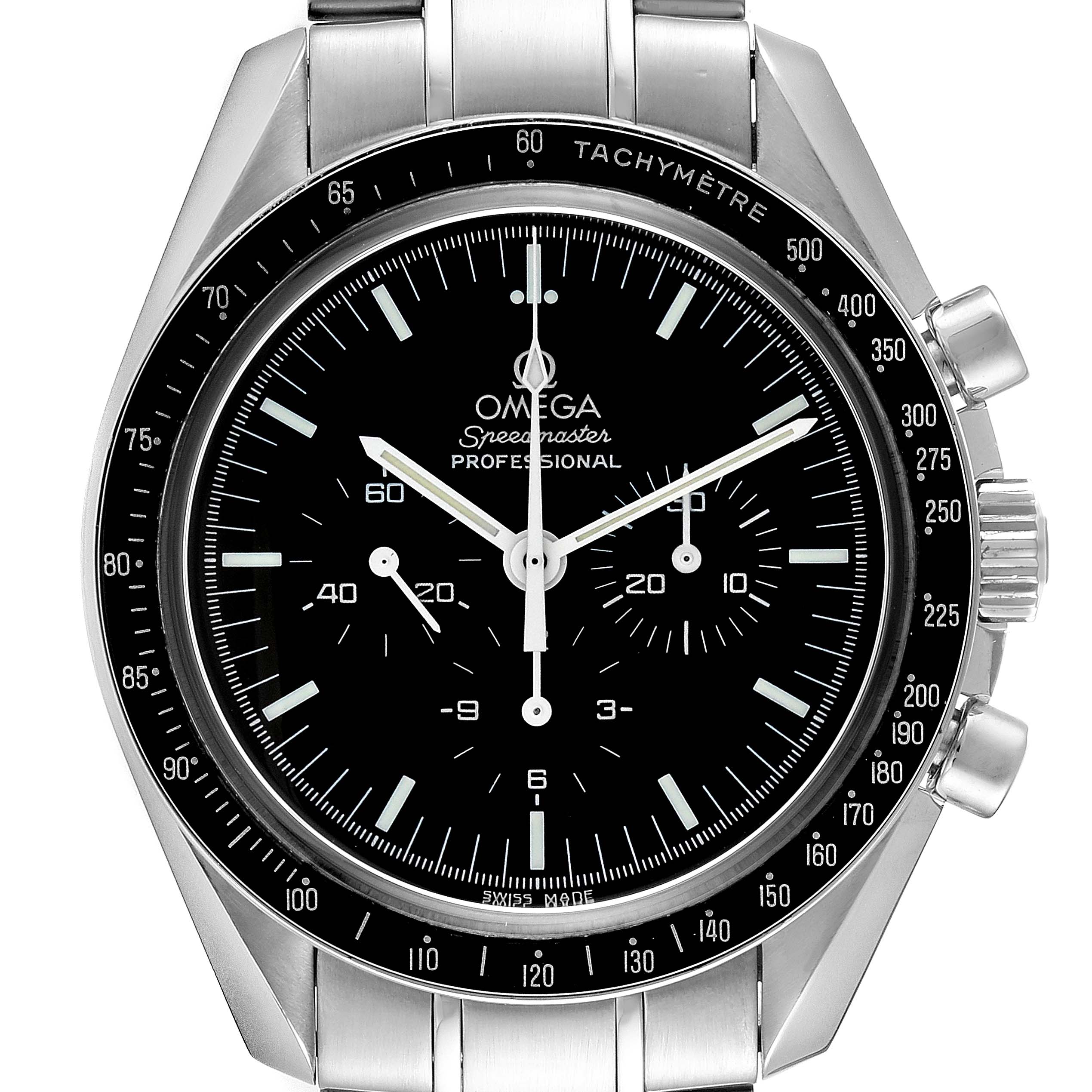 The image shows a front view of an Omega Speedmaster 3573.50.00 Men
s Stainless Steel Black Dial 3573.50.00 Men
s Stainless Steel Black Dial watch, highlighting the dial, tachymeter bezel, and stainless steel bracelet.