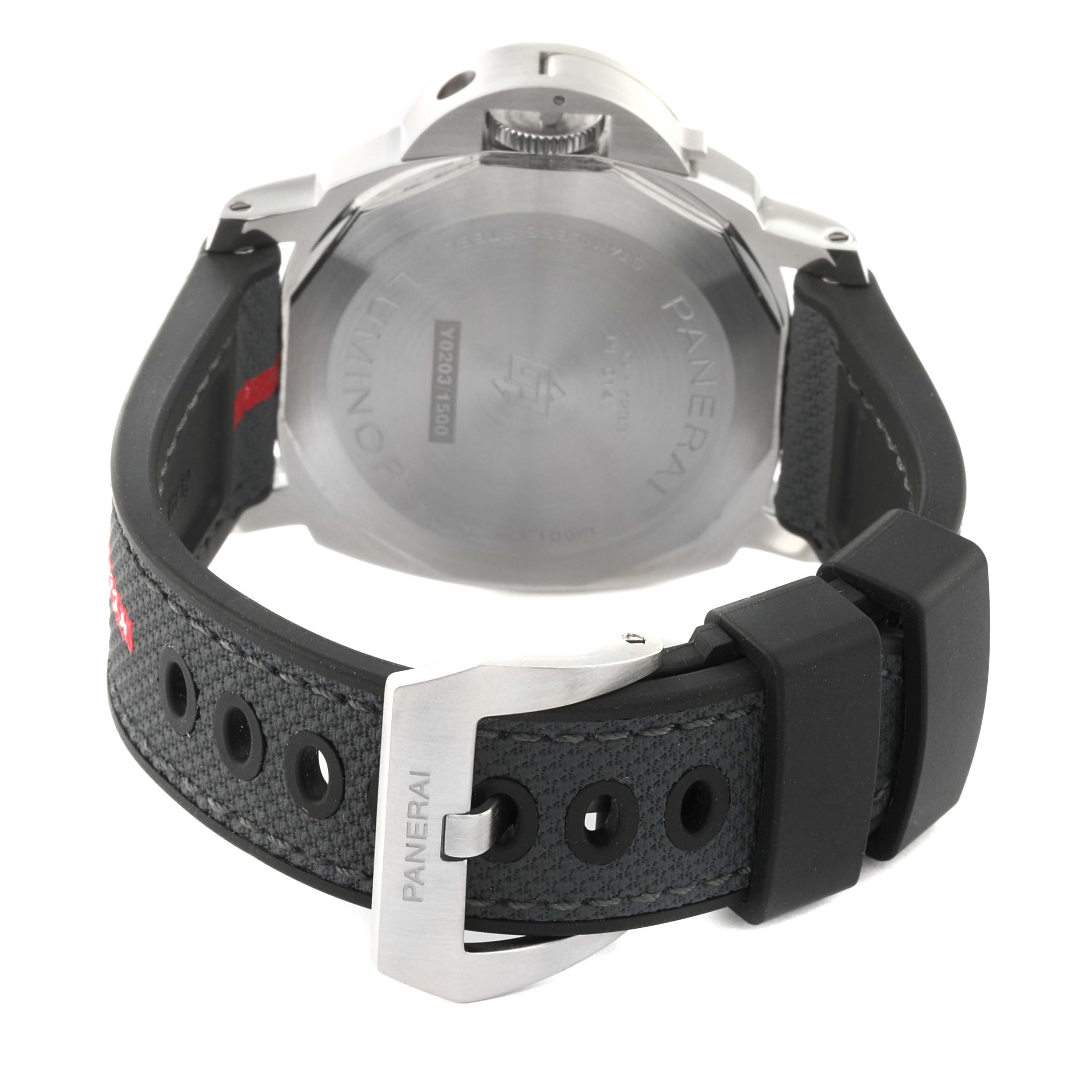 The image shows the back view of a Panerai Luminor PAM01342 Men
s Stainless Steel White Dial PAM01342 Men
s Stainless Steel White Dial watch, highlighting the case back and buckle.