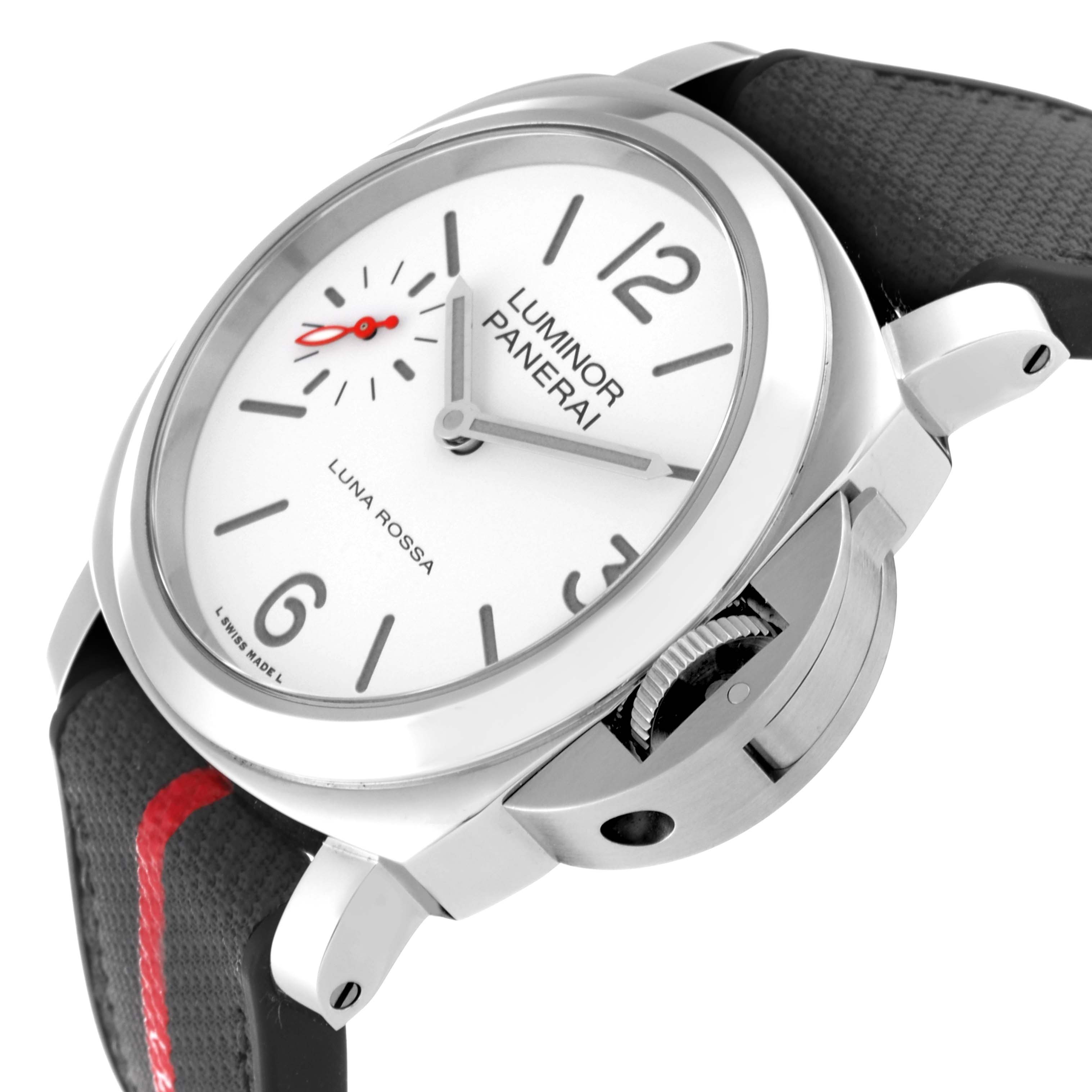 The image shows a side angle of the Panerai Luminor PAM01342 Men
s Stainless Steel White Dial PAM01342 Men
s Stainless Steel White Dial watch, highlighting the face, crown guard, and strap.