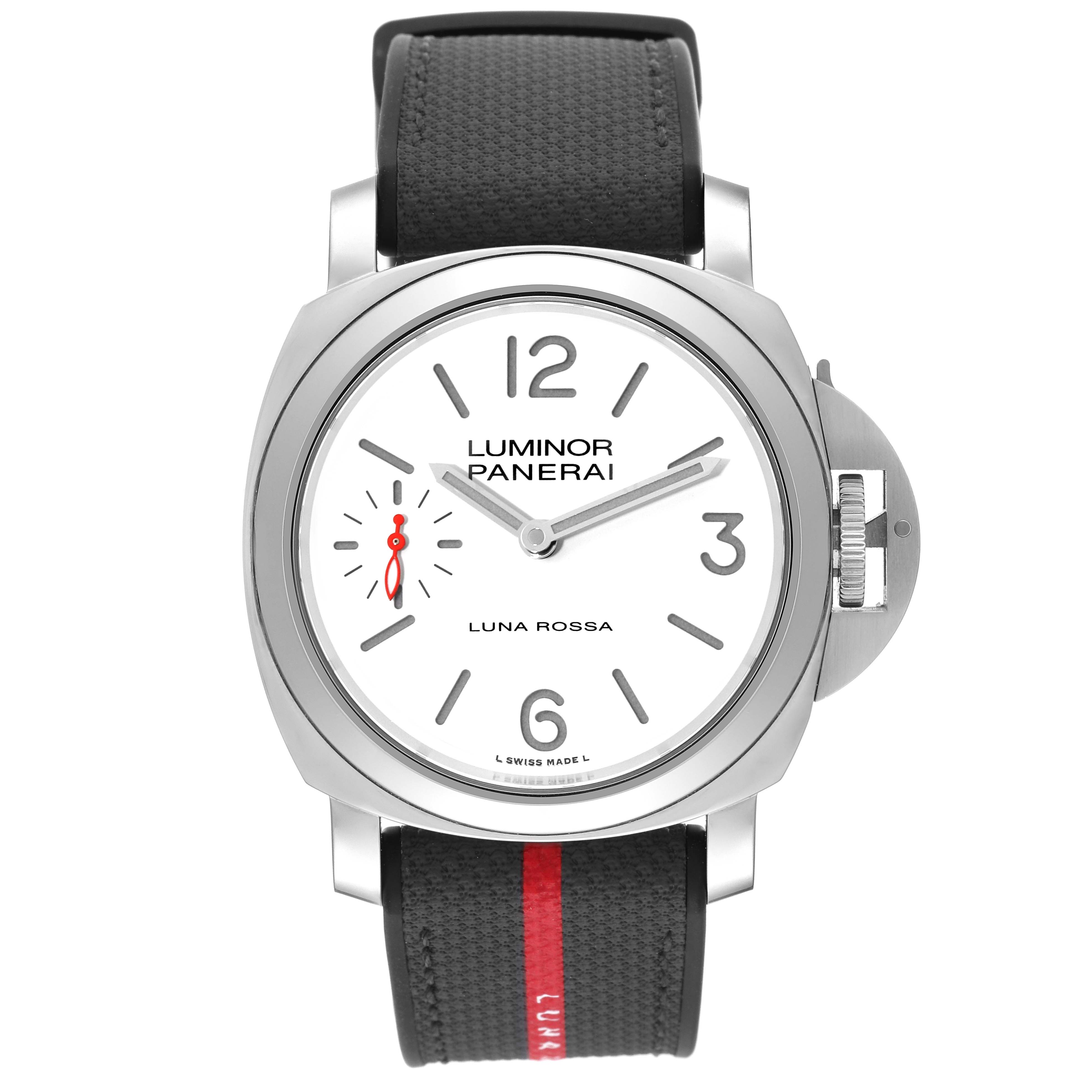 The image shows a front view of a Panerai Luminor PAM01342 Men
s Stainless Steel White Dial PAM01342 Men
s Stainless Steel White Dial model watch with a white dial and black strap.